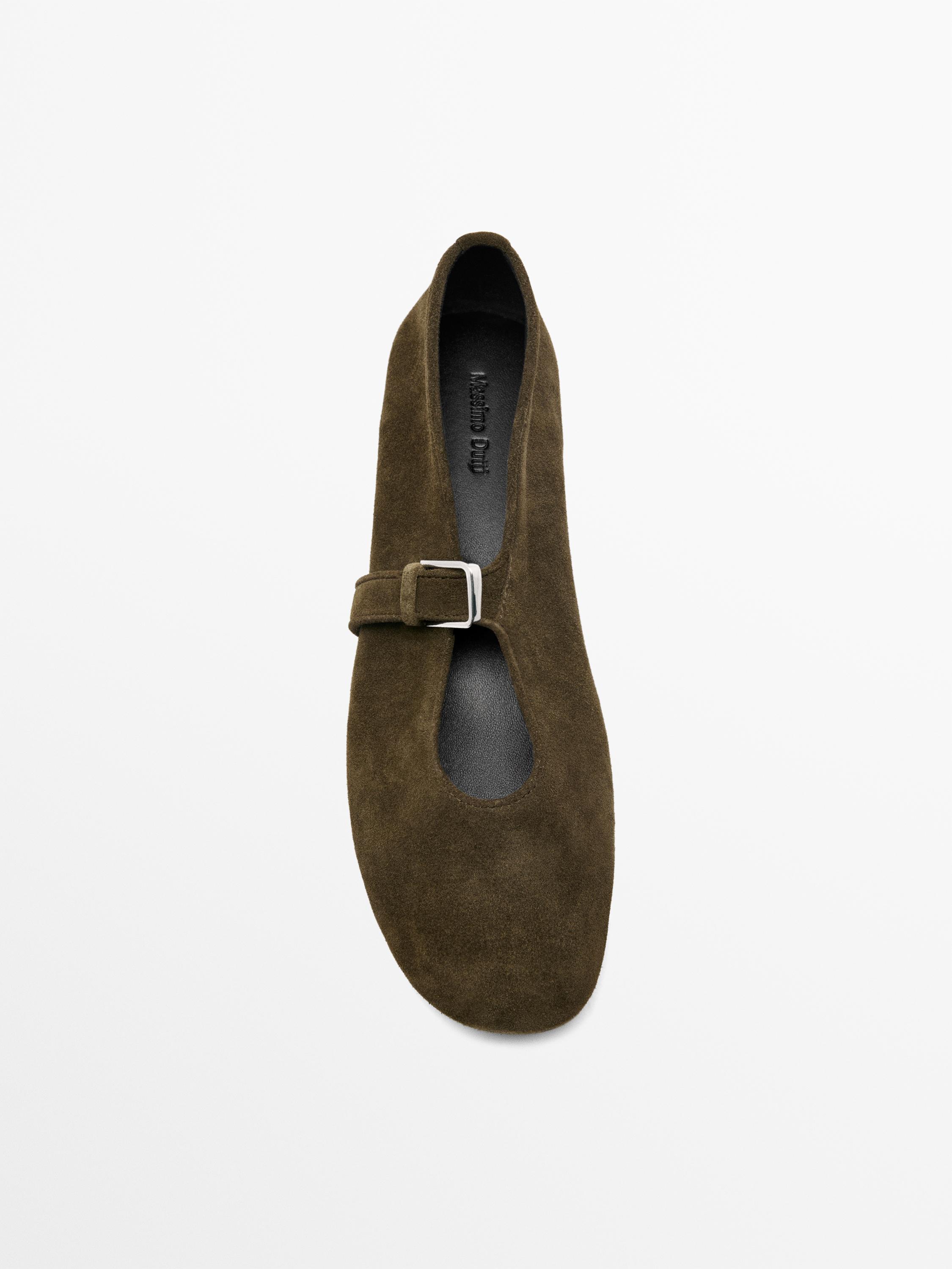 Split leather ballet flats — KHAKI