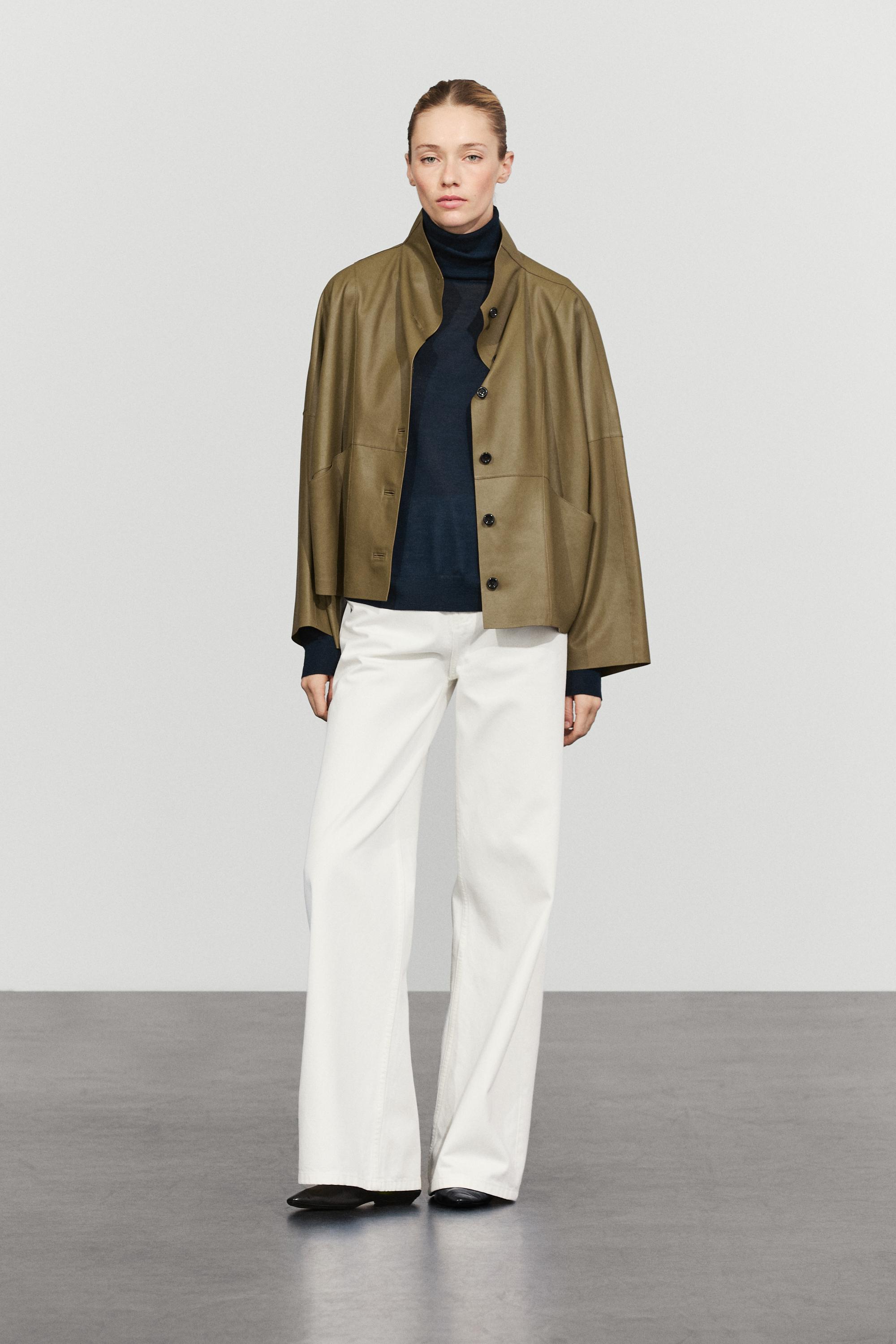 Stand collar nappa leather cropped jacket — KHAKI