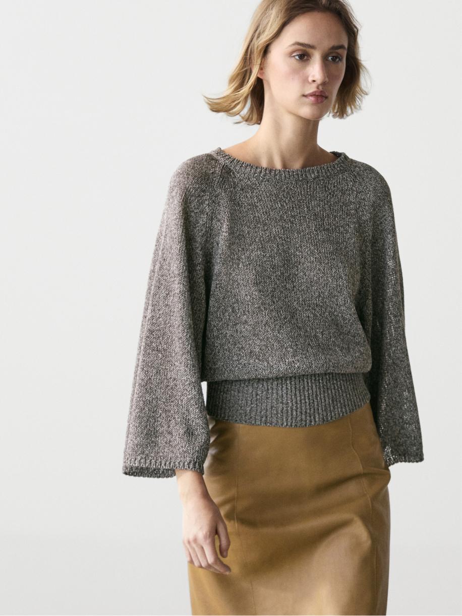 Cotton blend heathered knit sweater — MEDIUM GREY