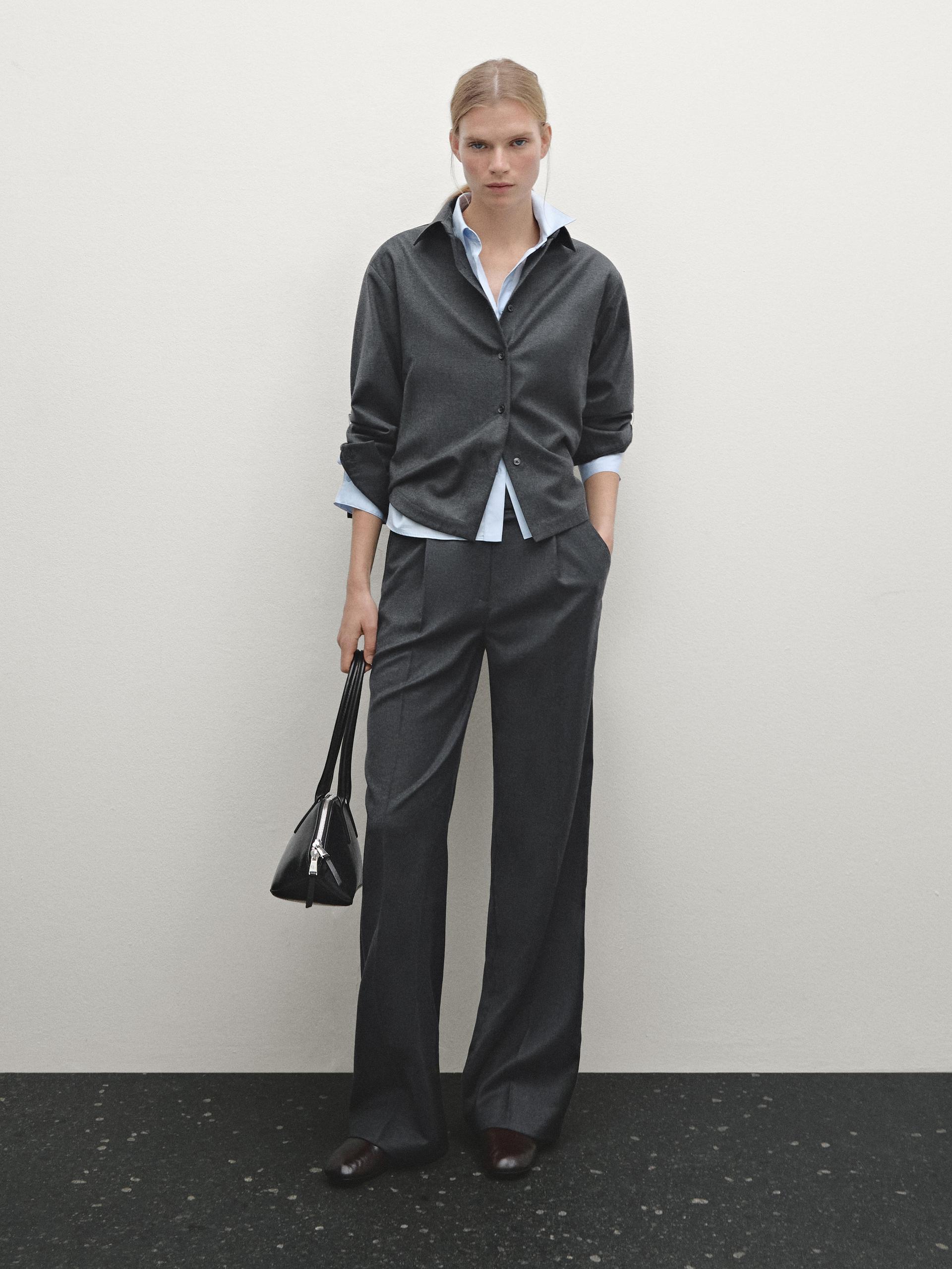 Surchemise En Flanelle De Laine Mélangée - Gris Foncé - S - Massimo Dutti - Femme
