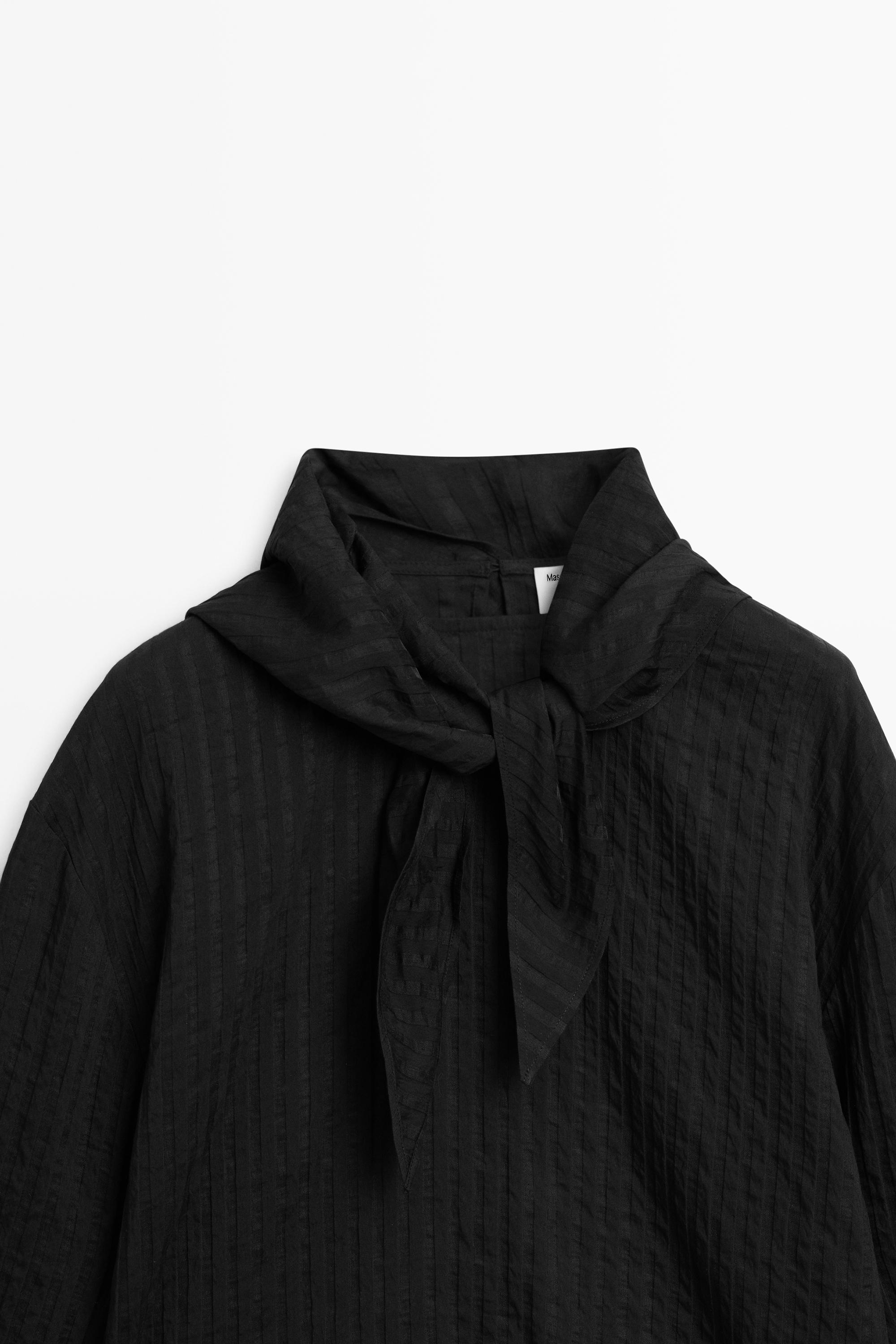Striped flowing shirt with scarf detail — BLACK