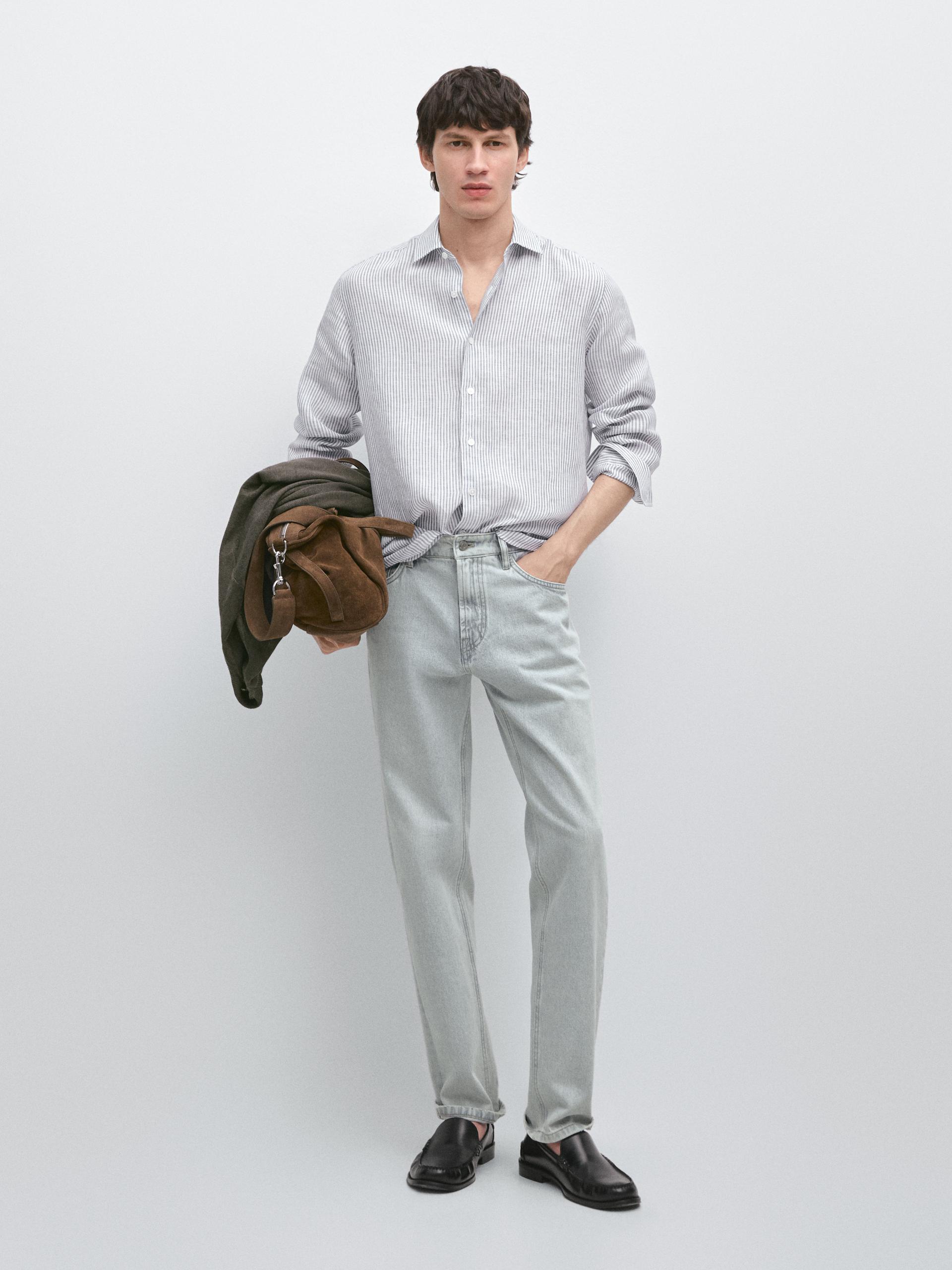 Camicia A Righe In Lino - Azzurro - L - Massimo Dutti - Maschile