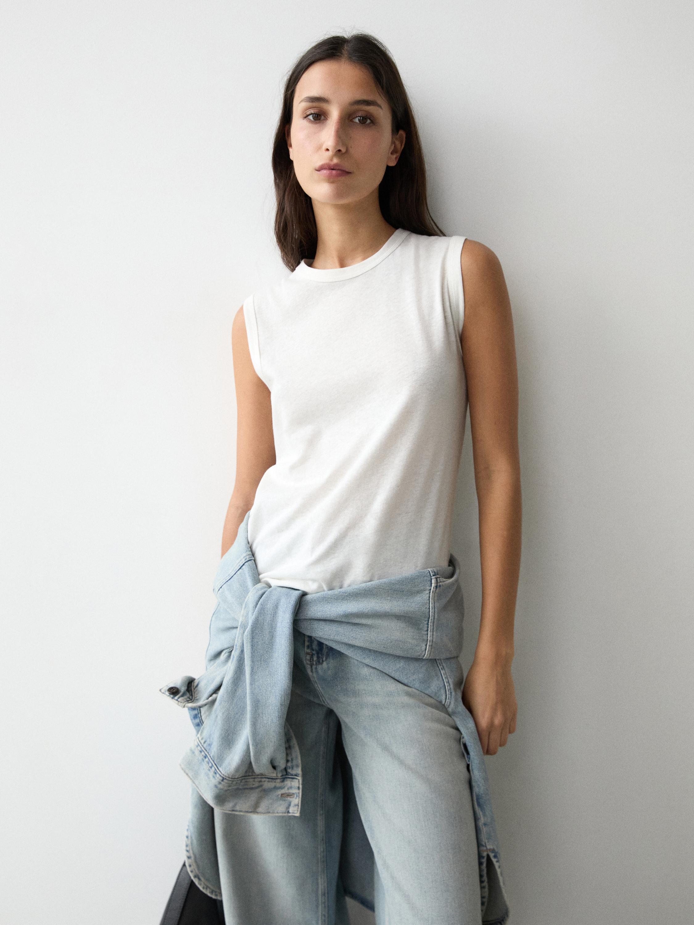 Sleeveless linen blend T-shirt — Off white