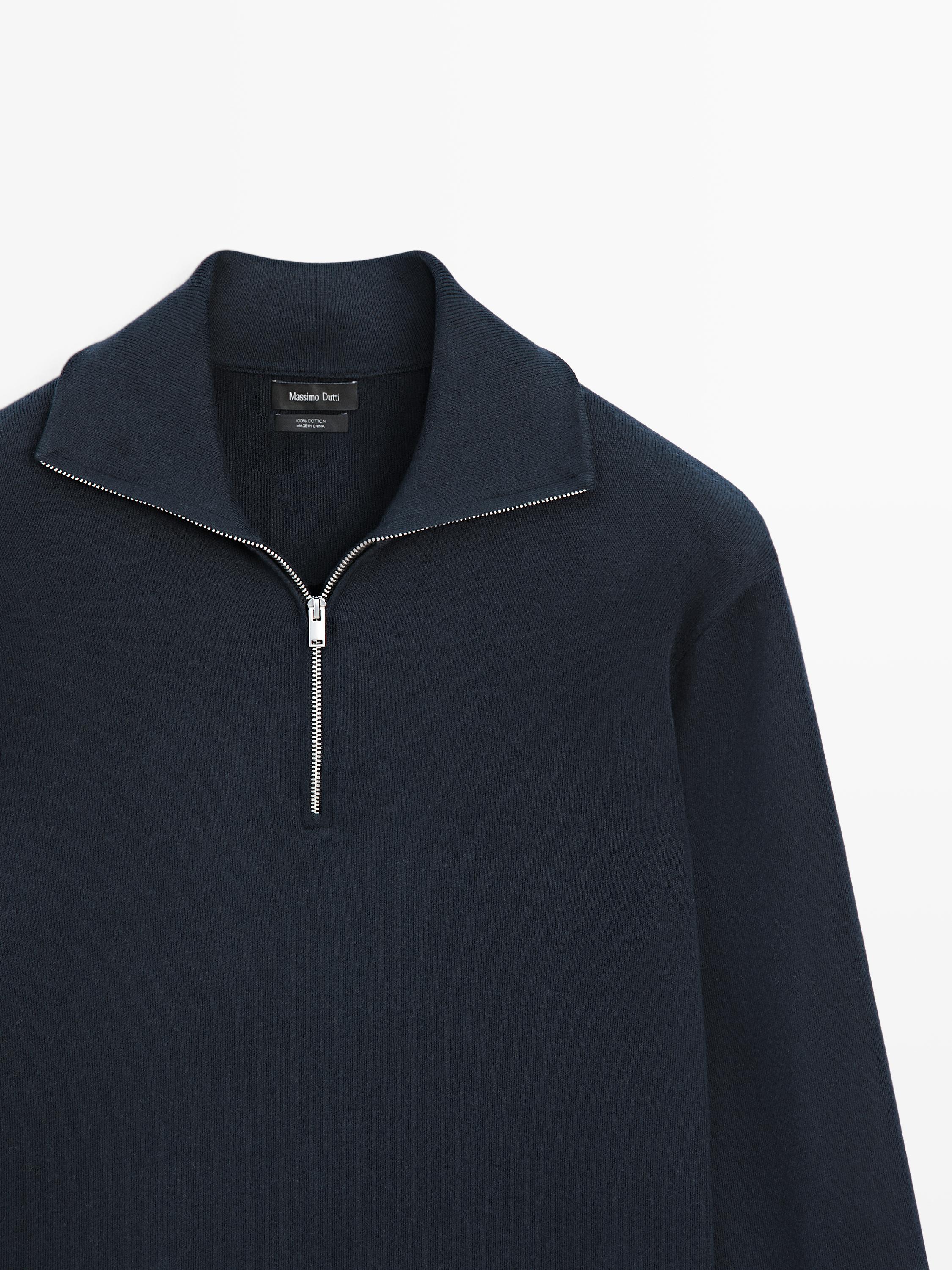 Knit 100% cotton quarter-zip sweater · Navy Blue, Ice, Medium Grey