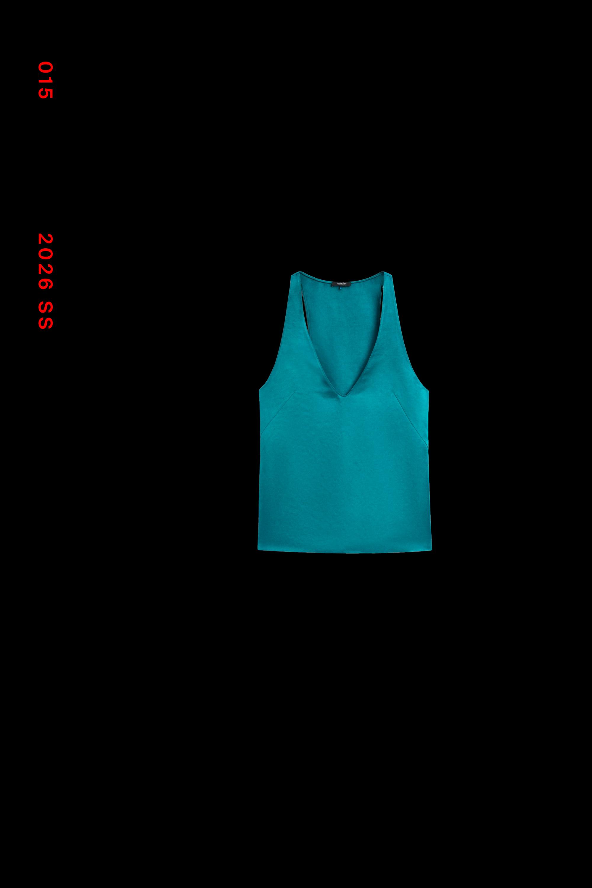 Satin linen blend V-neck top — TURQUOISE