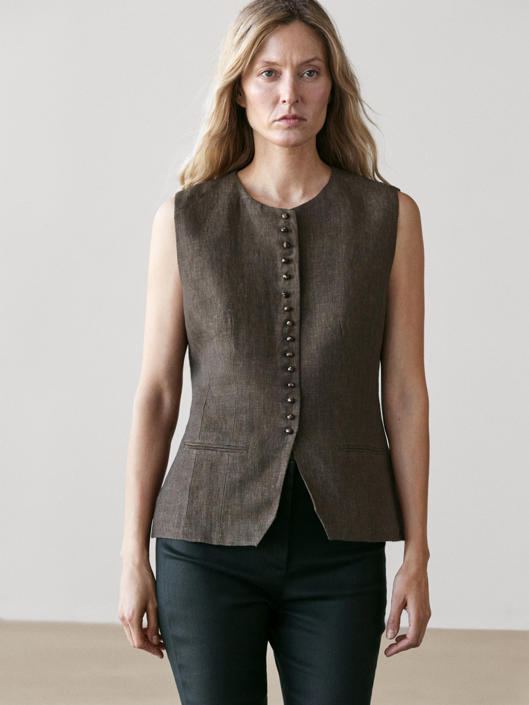100% linen vest with button detail — Chocolate