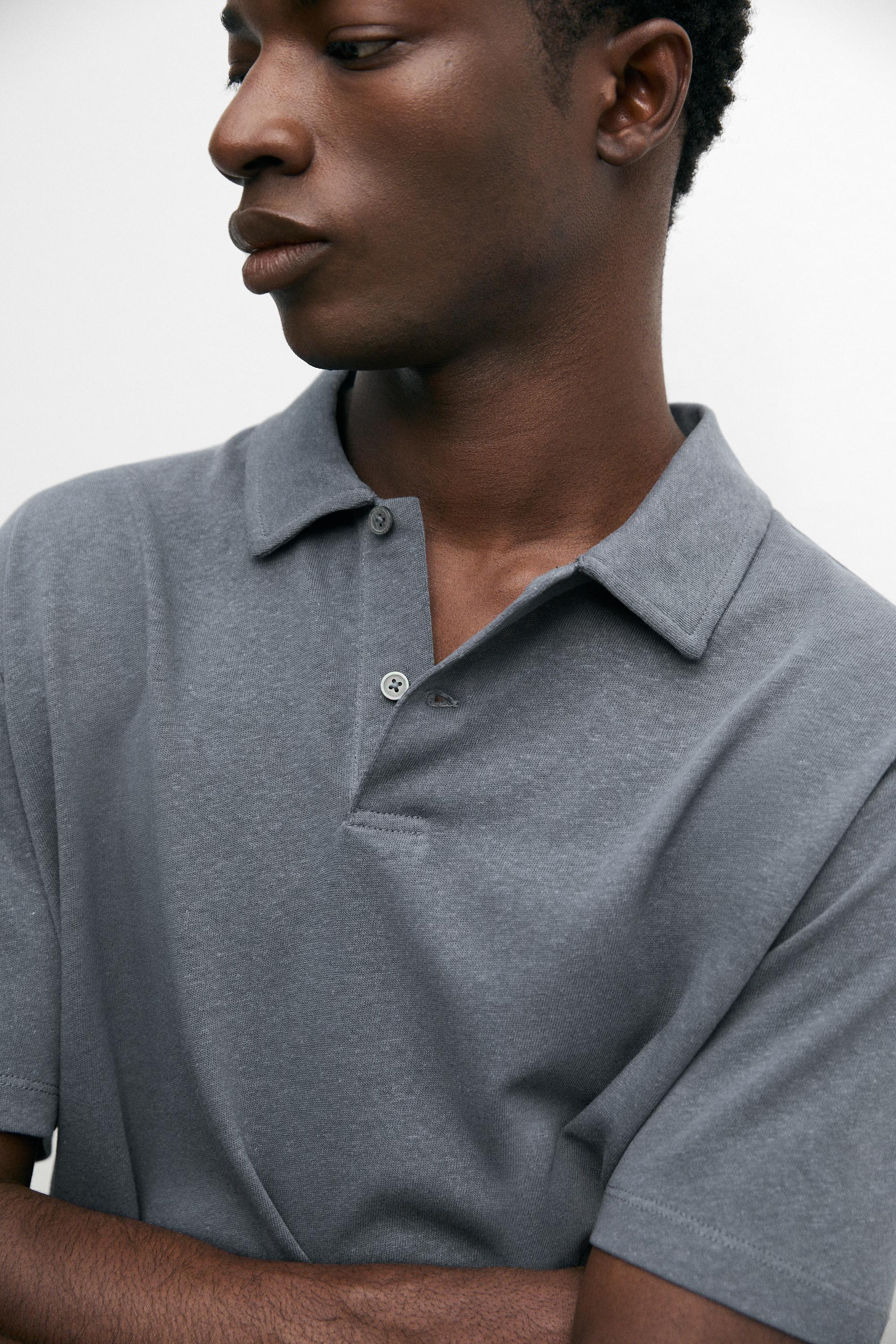 Linen and cotton short sleeve polo shirt — INDIGO