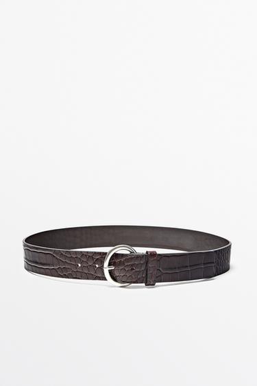 Crocodile-effect leather belt with round buckle — BROWN 1