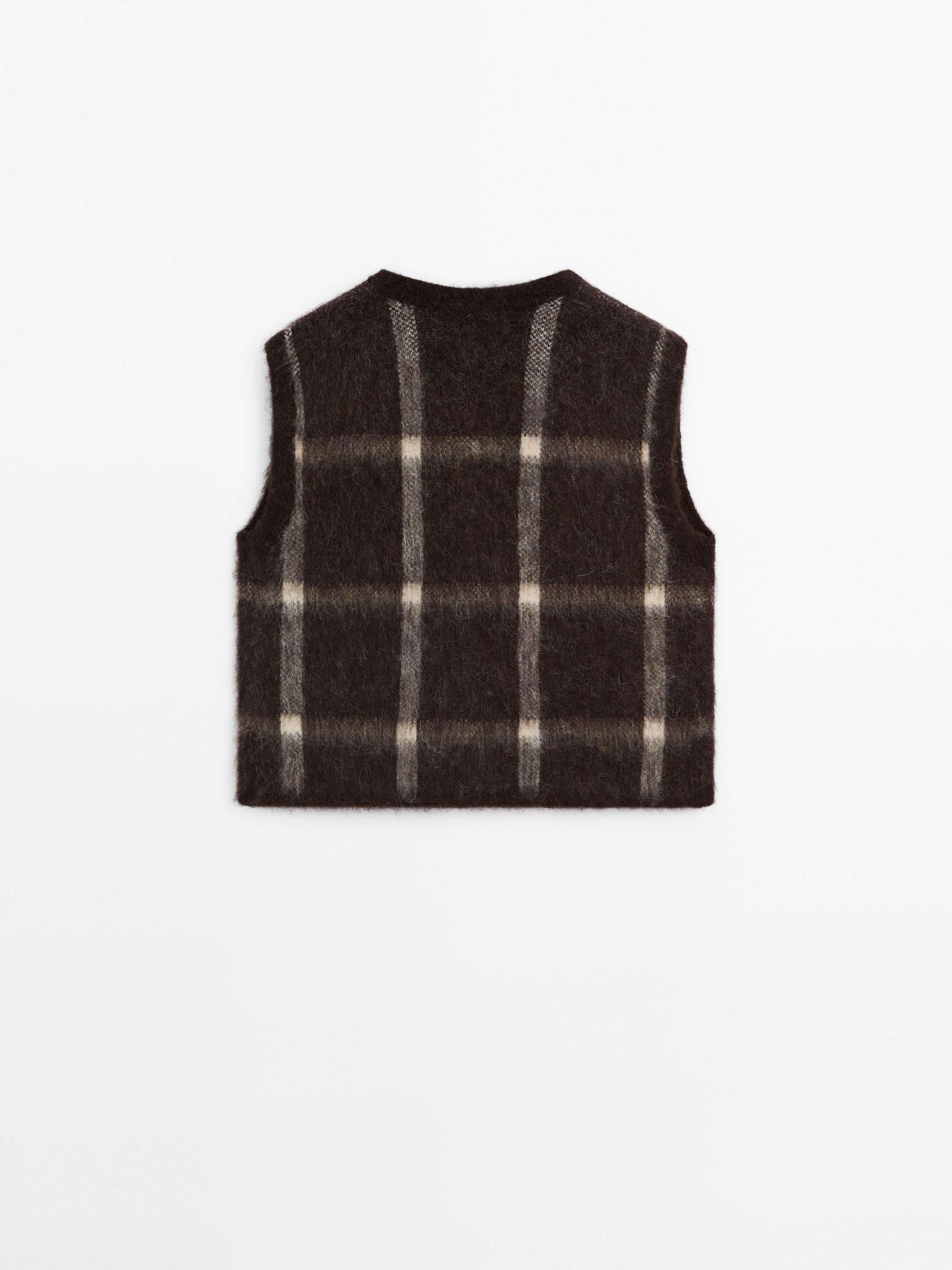 Wool blend check knit vest