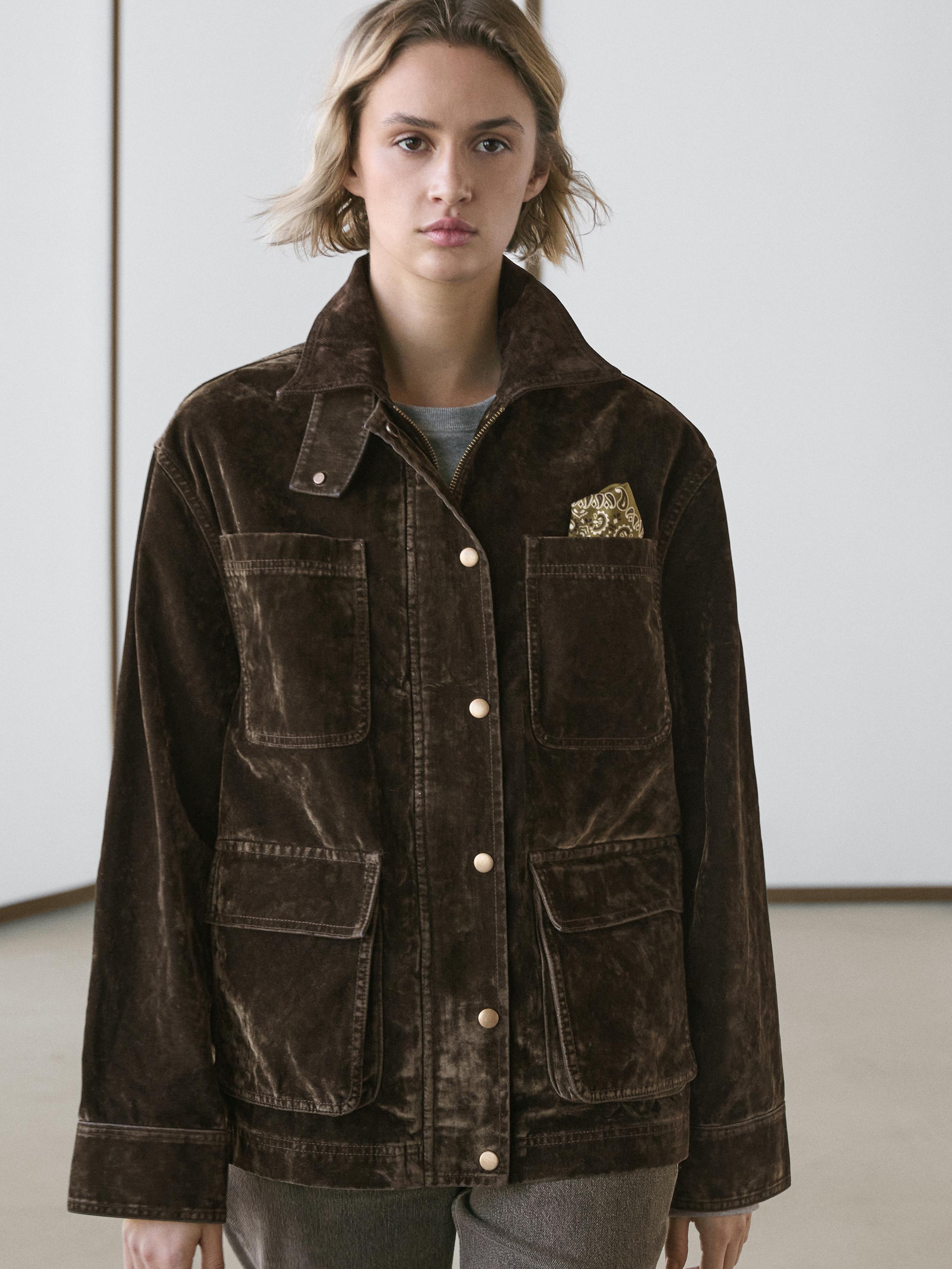 Flocked denim jacket with collar detail — KHAKI