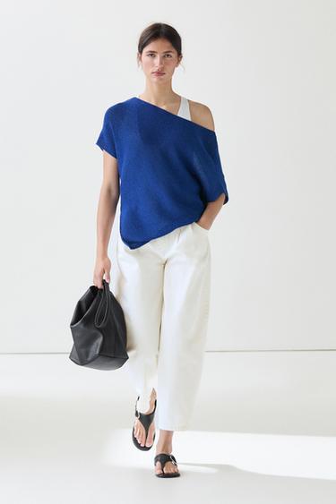 Asymmetric short sleeve linen T-shirt — DEEP BLUE 1