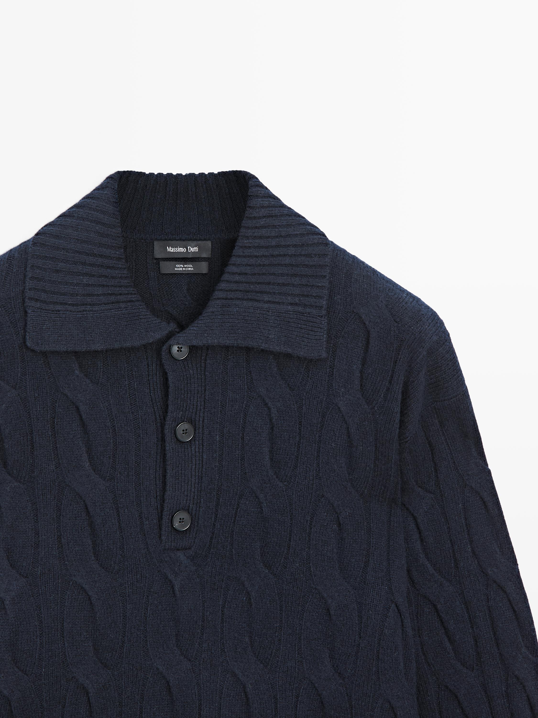 Wool cable-knit polo sweater — NAVY BLUE