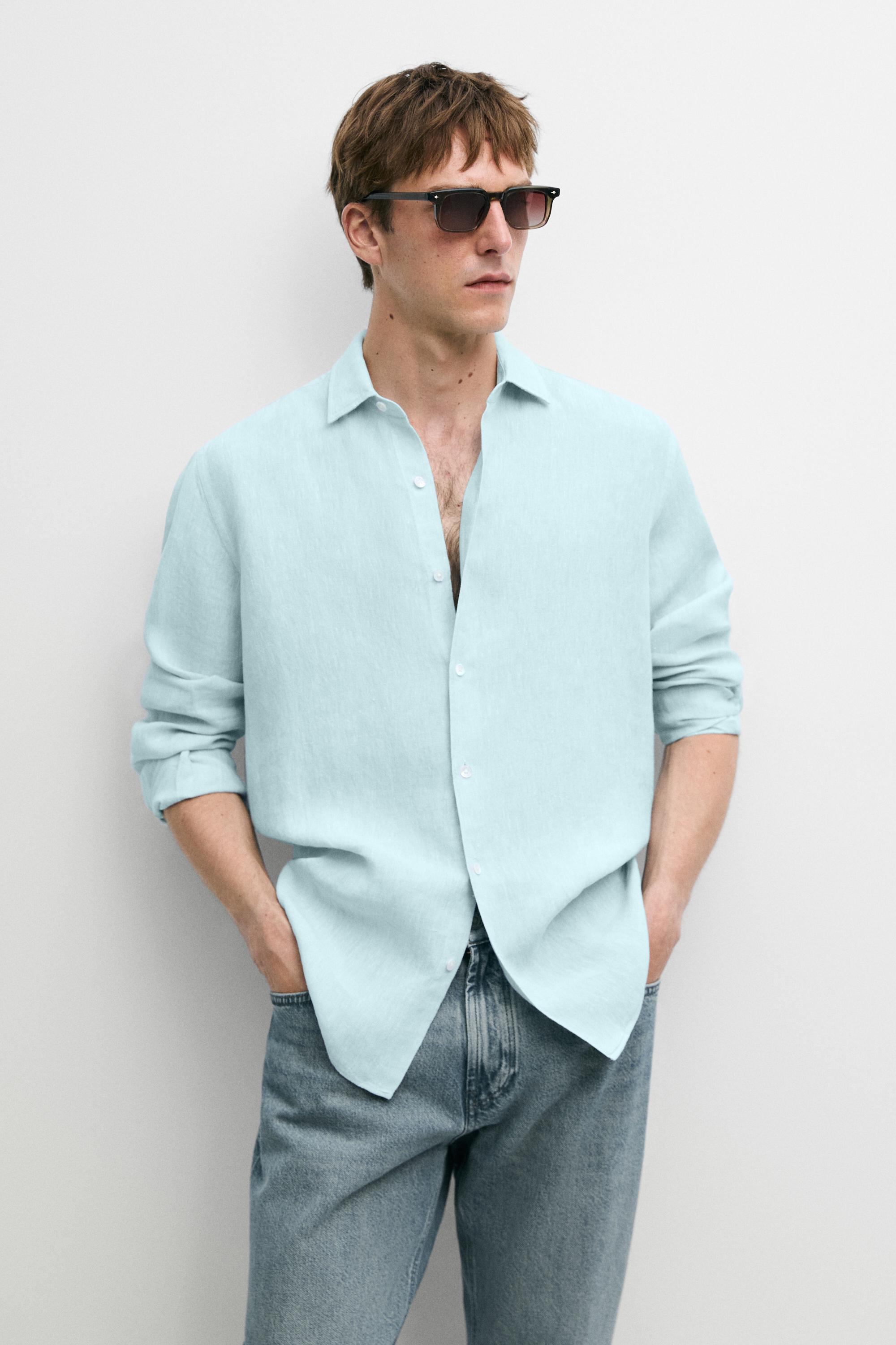 100% linen regular fit shirt — TURQUOISE