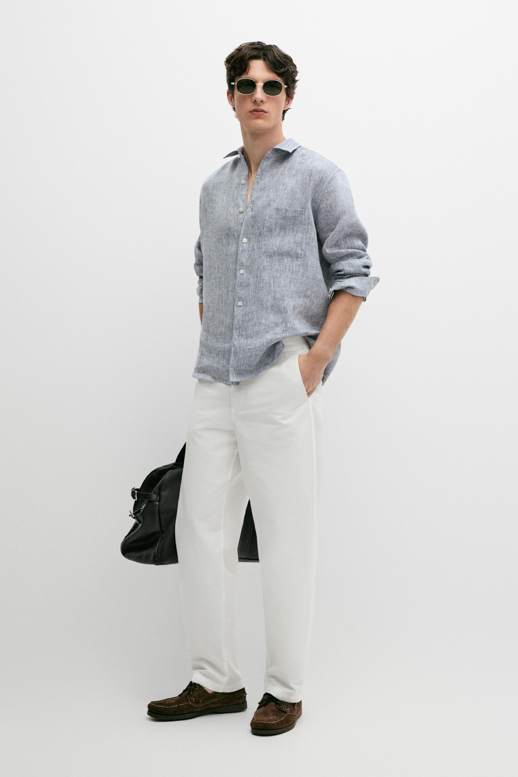 Льняная рубашка свободного кроя с карманом