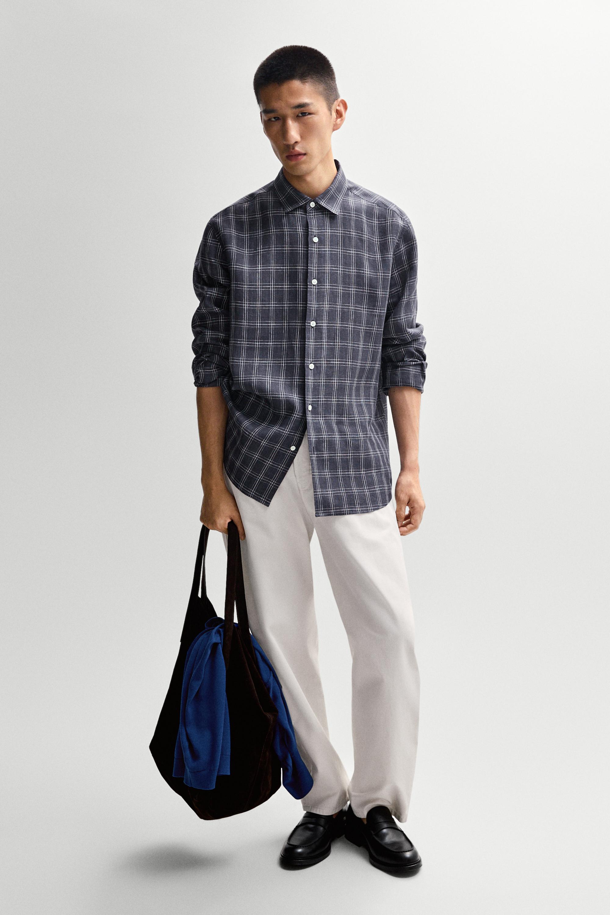 100% linen regular fit check shirt — DARK BLUE