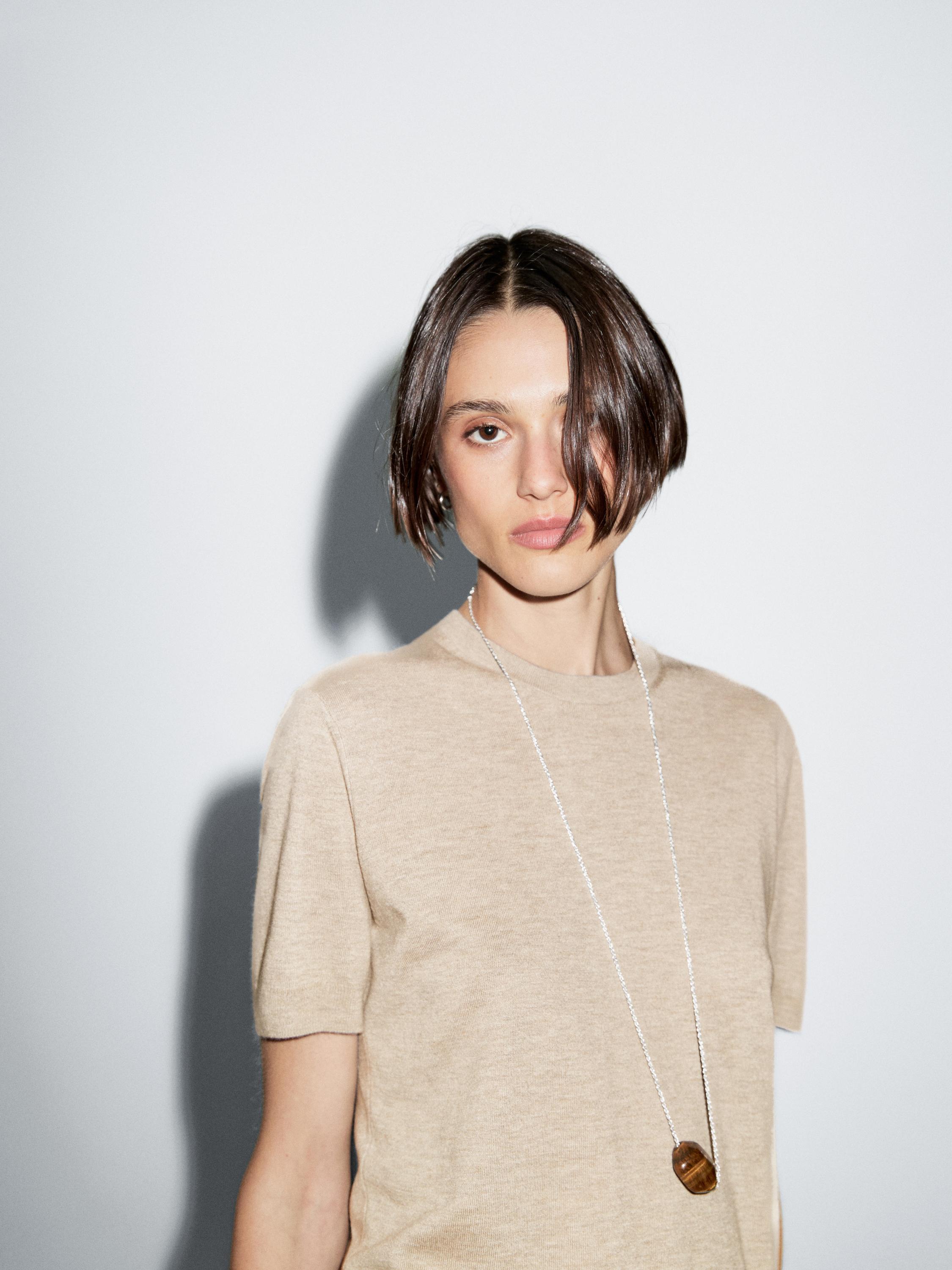 Short-sleeve wool blend knit sweater