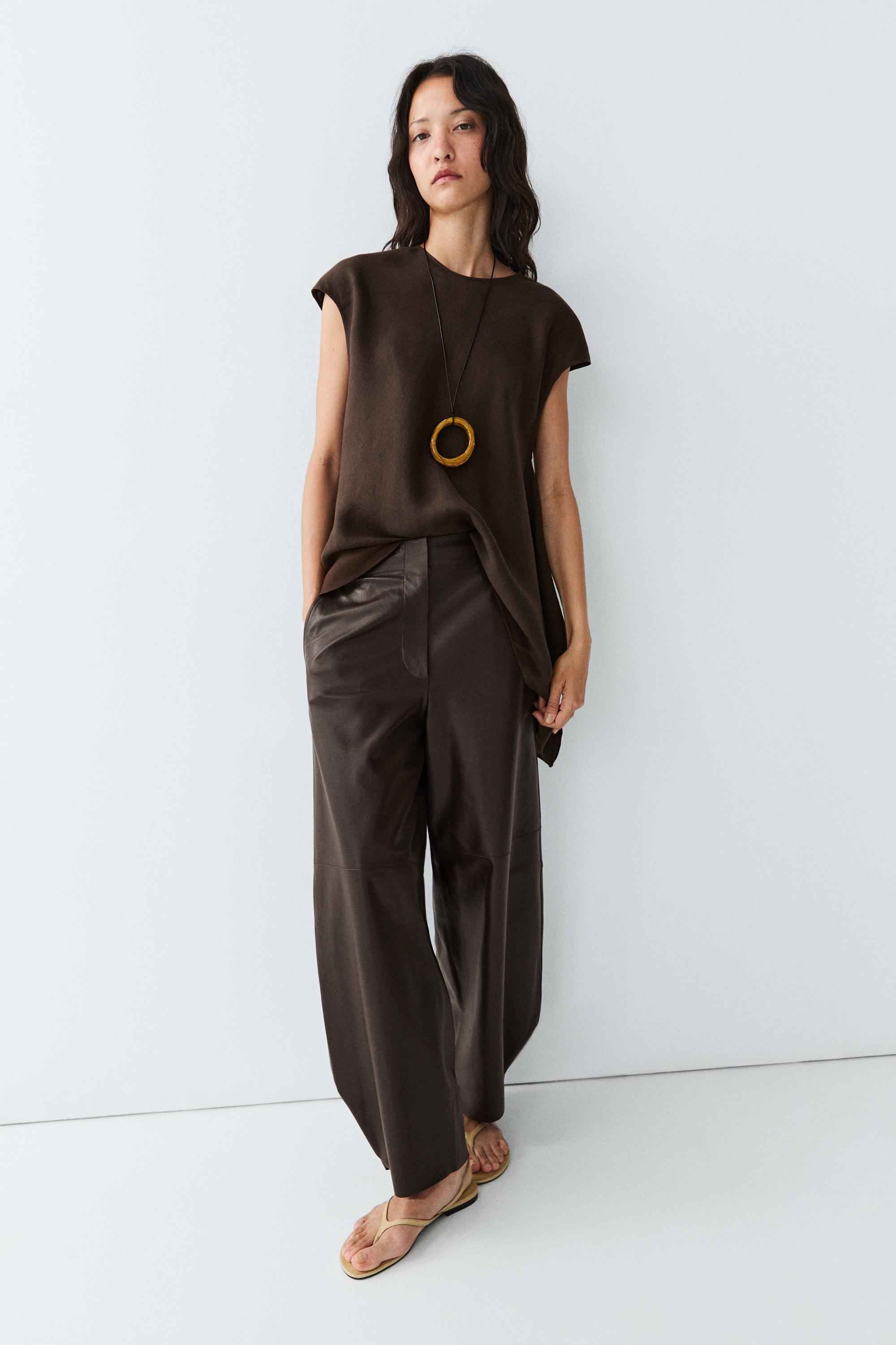 Leather barrel fit pants — BROWN