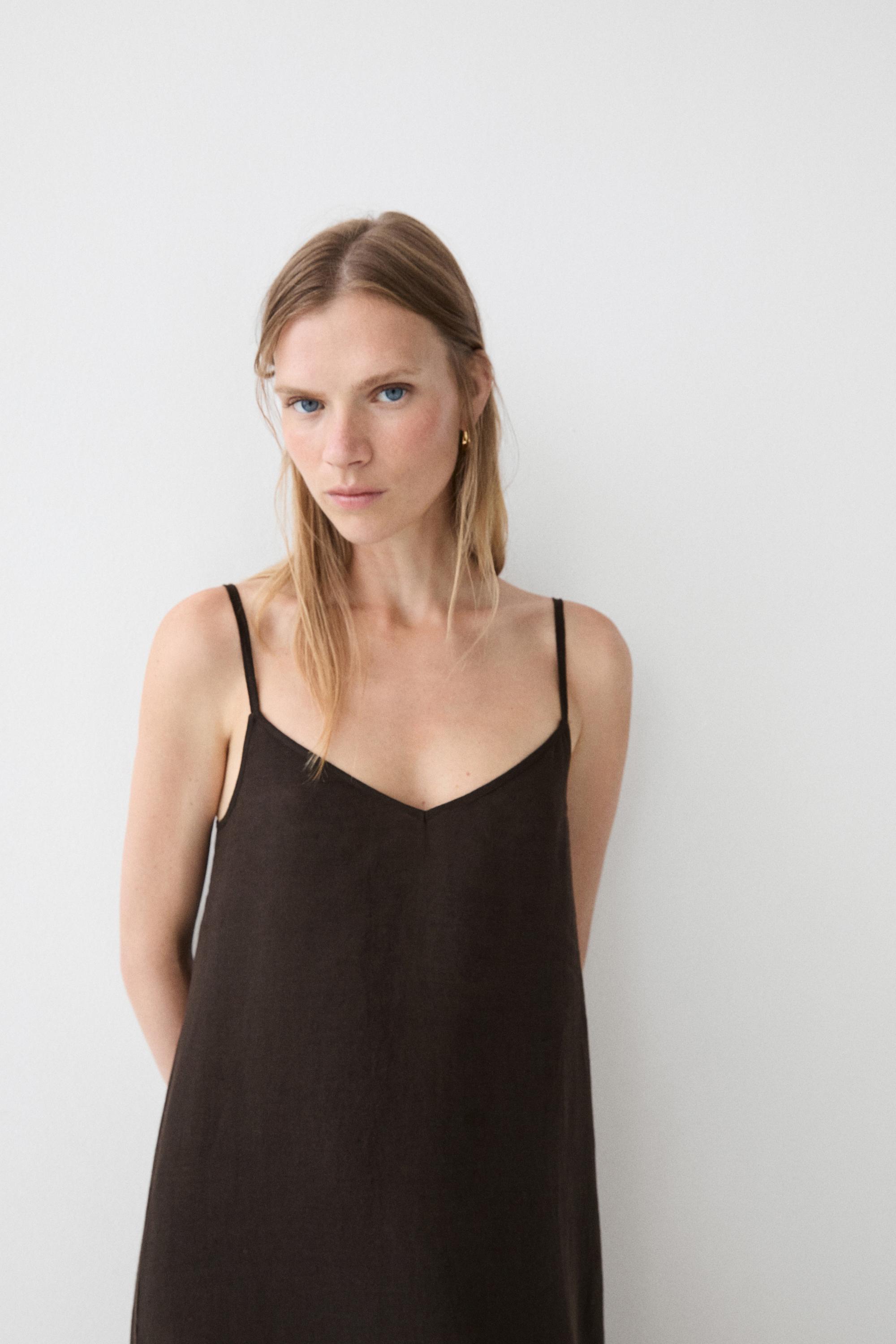 Linen blend crossover dress — BROWN