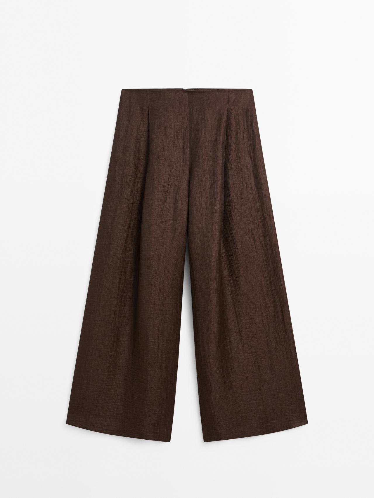 Pantalón Ancho Mezcla Lino - Studio - Marrón - 38 - Massimo Dutti - Mujer
