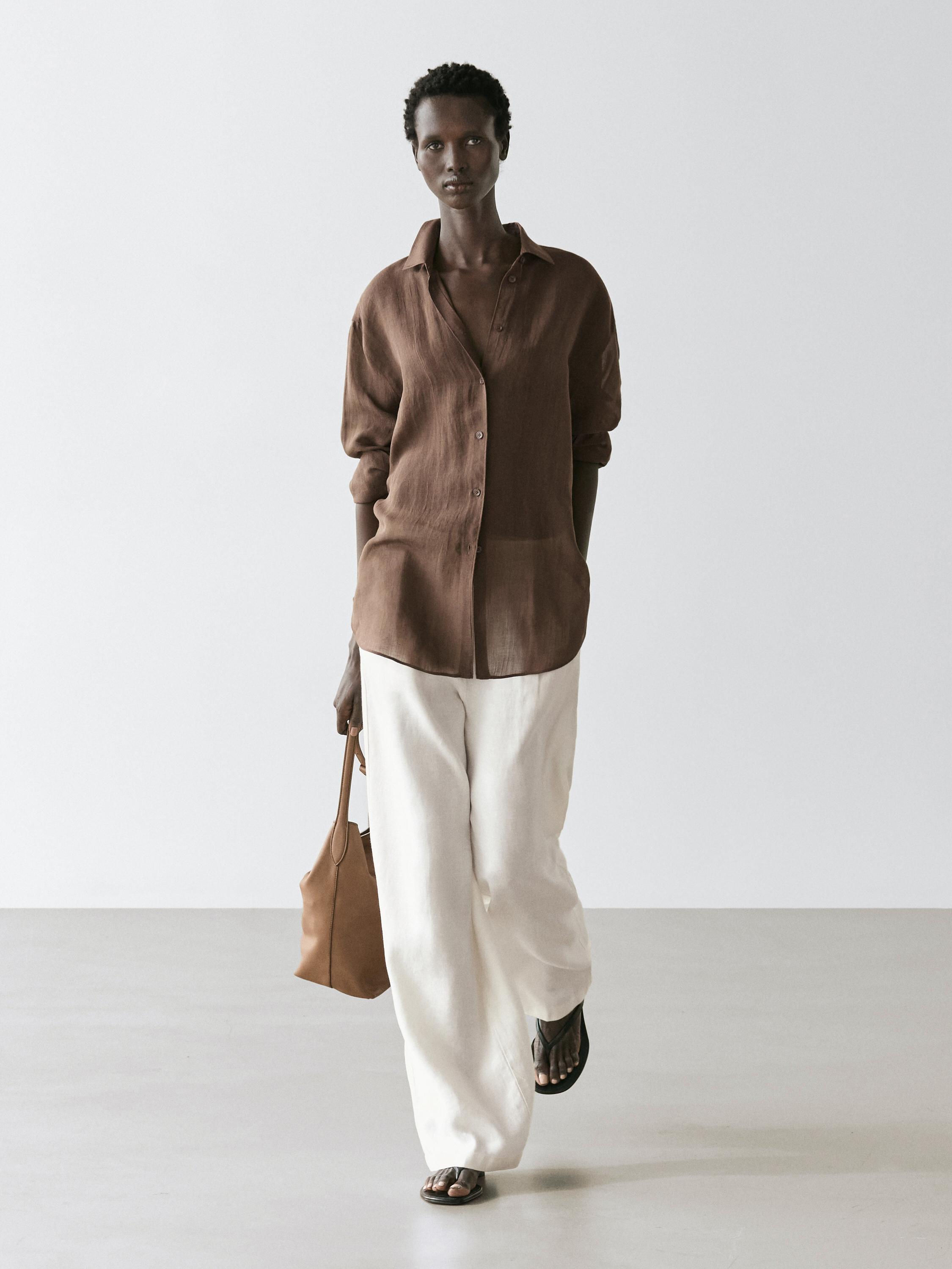 Flowing shirt with shirt collar — BROWN