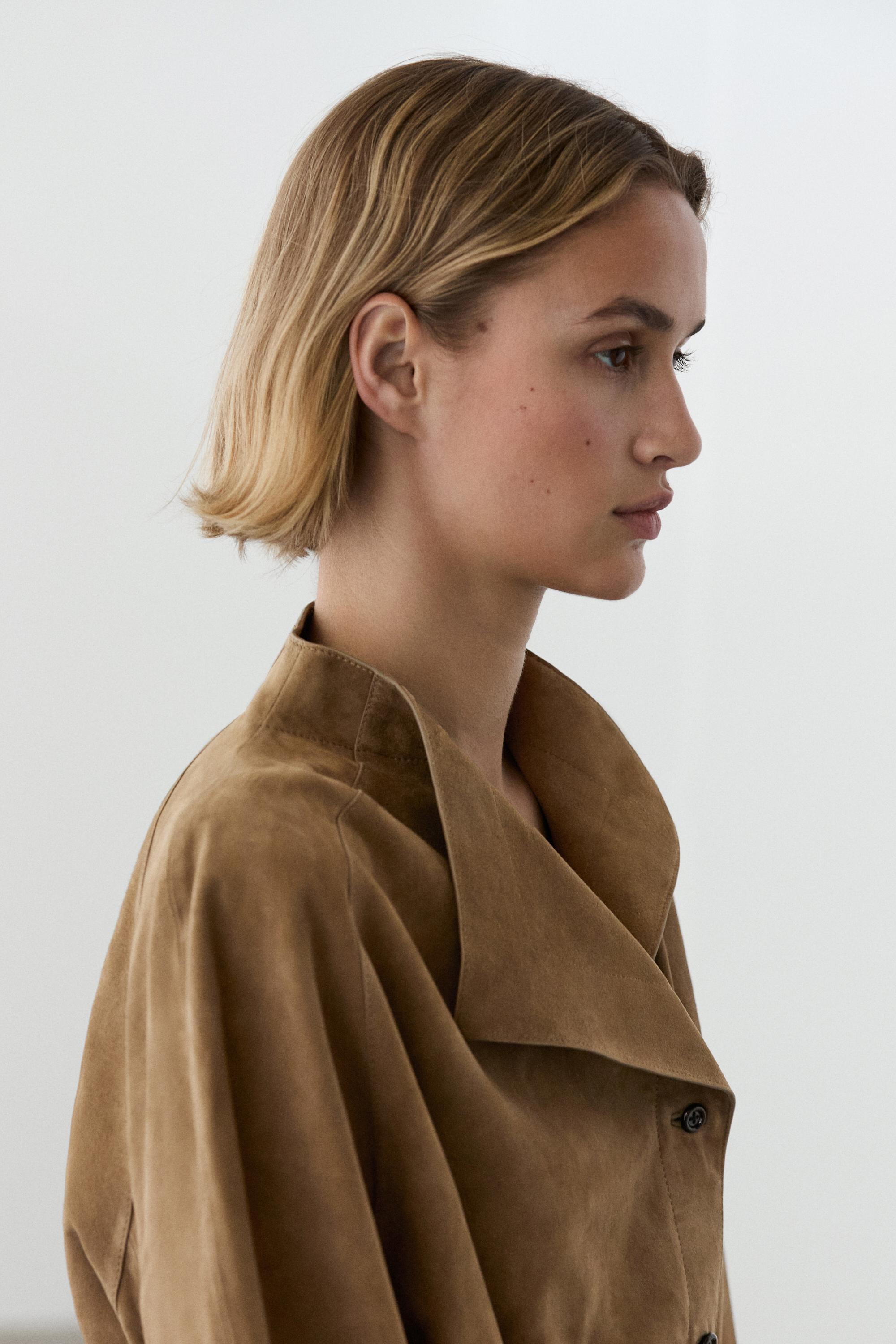 Suede leather jacket with drawstring — SAND