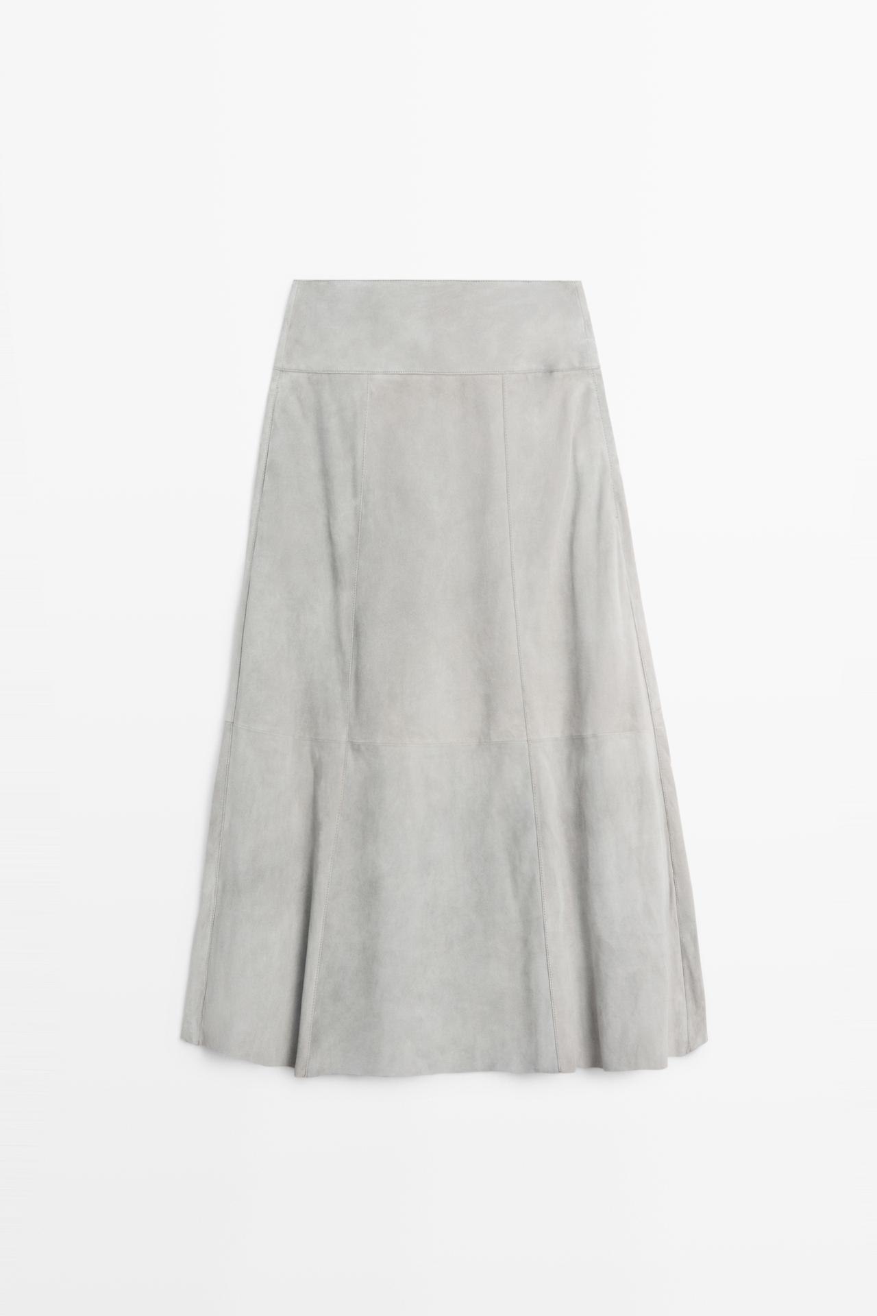 Massimo Dutti - Dame - Midinederdel I Ruskind Med Svaj Og Bælte - Grå - Xs