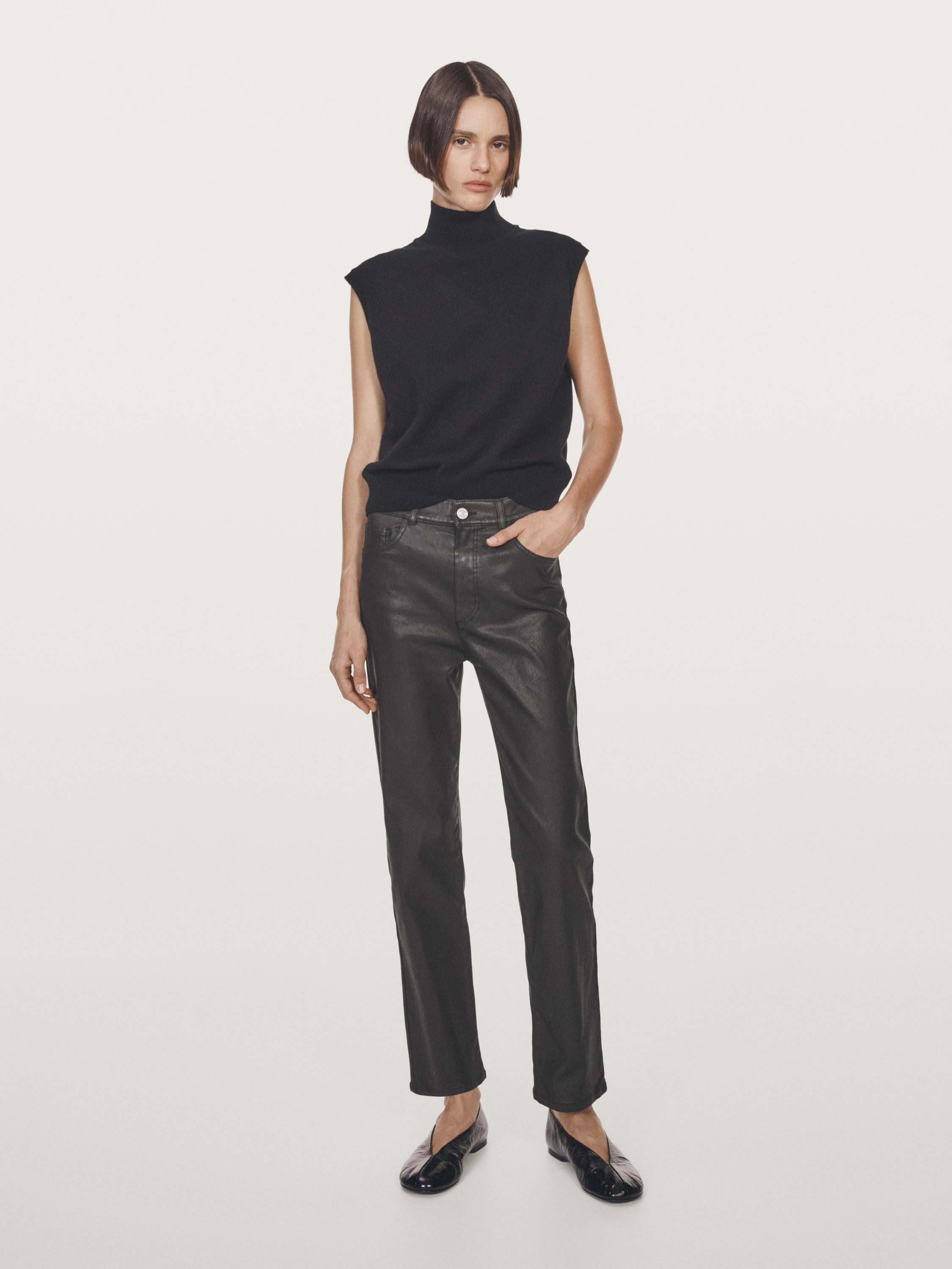 High-waist straight-leg waxed trousers — BLACK