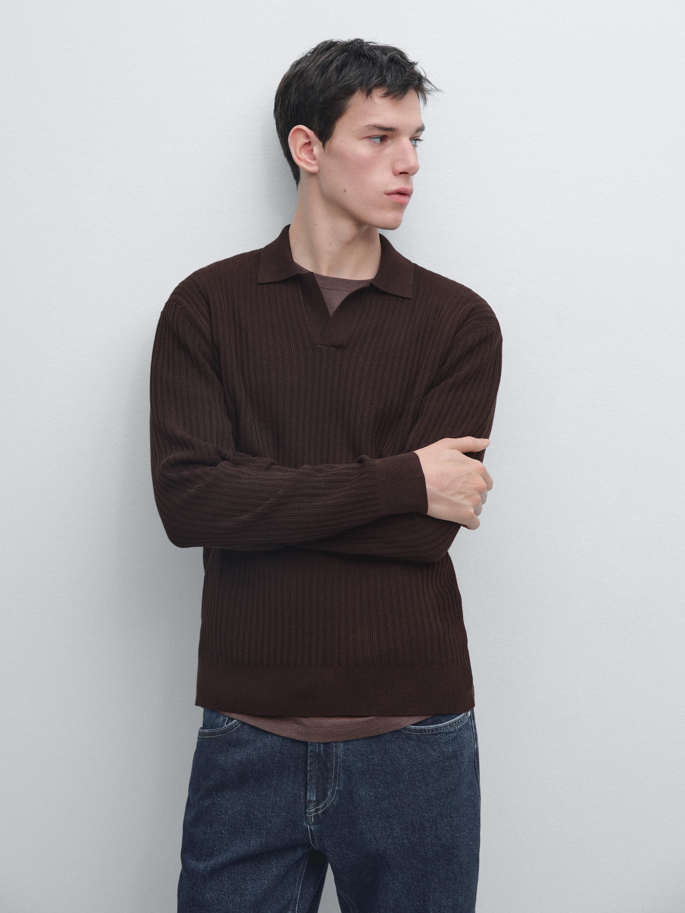 Cotton blend knit polo sweater — BURGUNDY