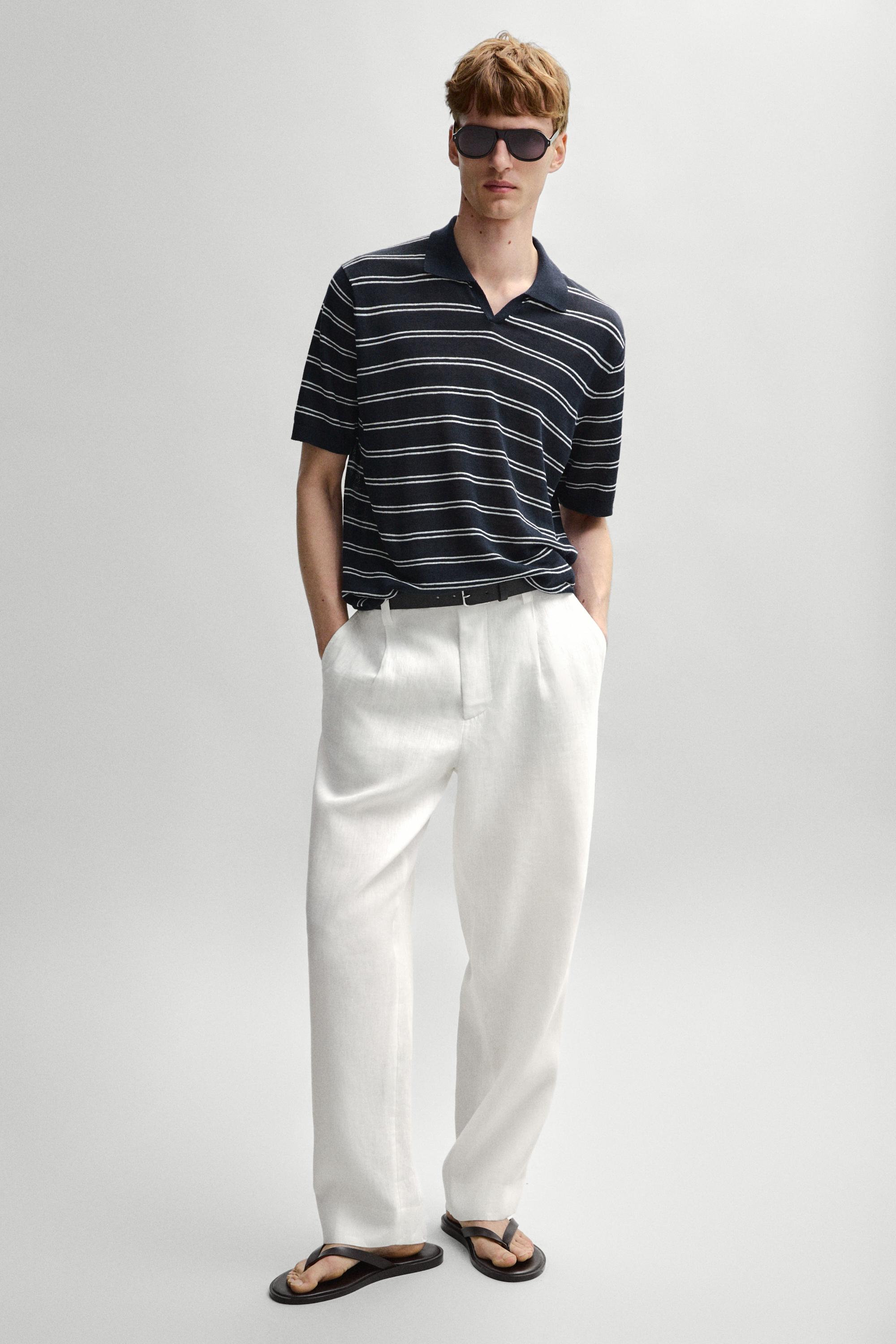 Striped 100% linen V-neck polo shirt — NAVY BLUE