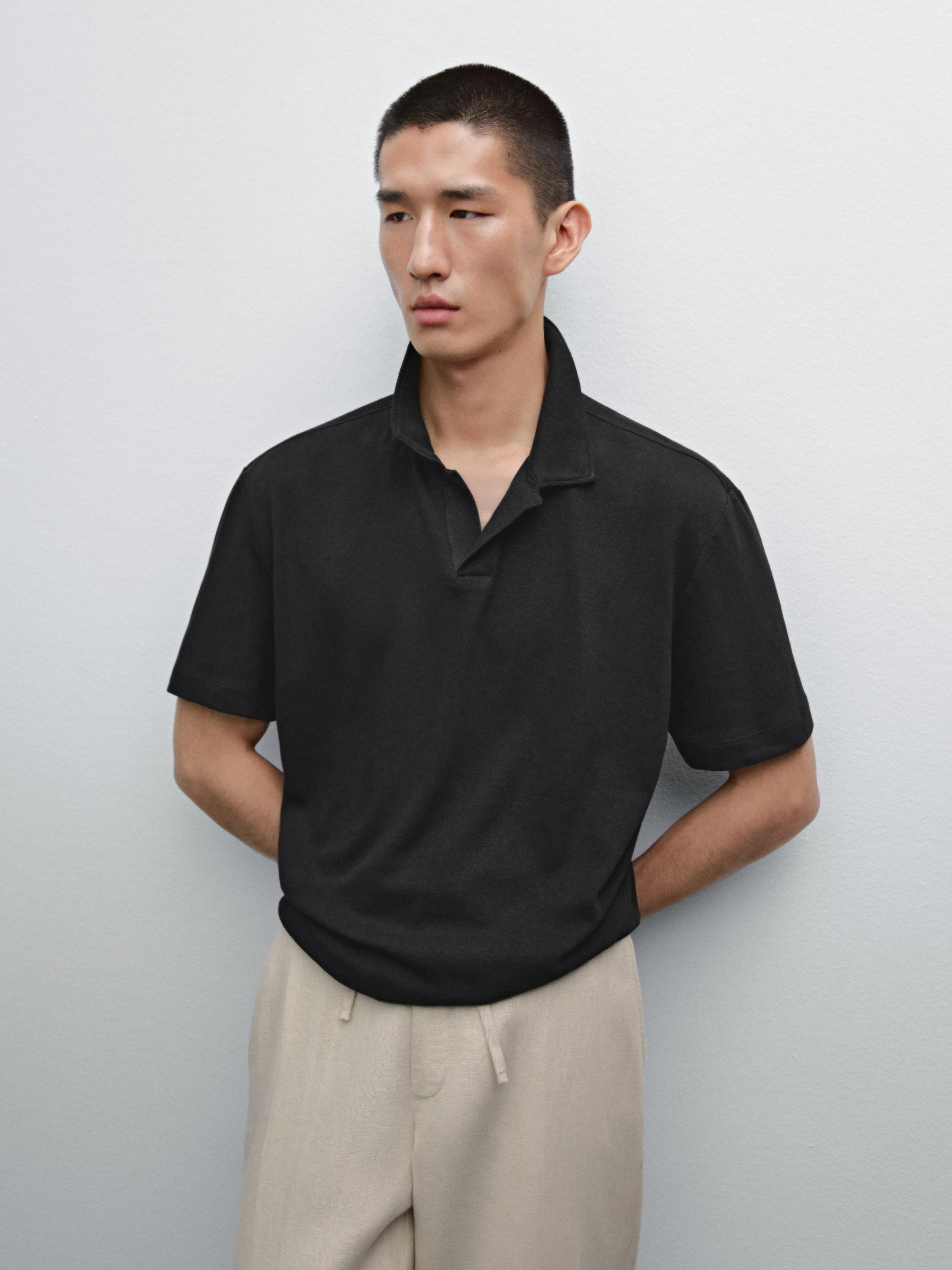 Linen blend short sleeve polo shirt