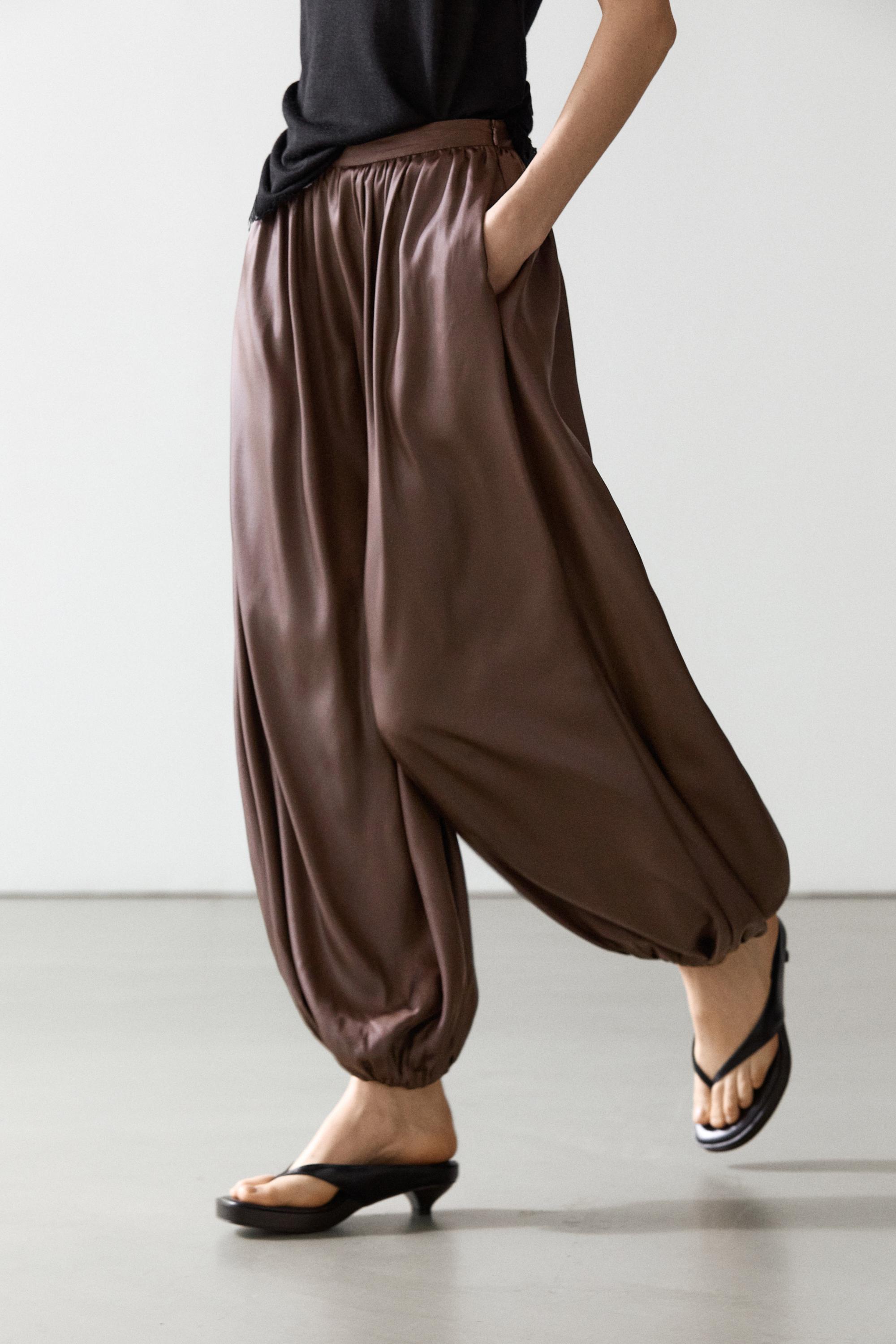 Flowing balloon fit satin trousers — BROWN
