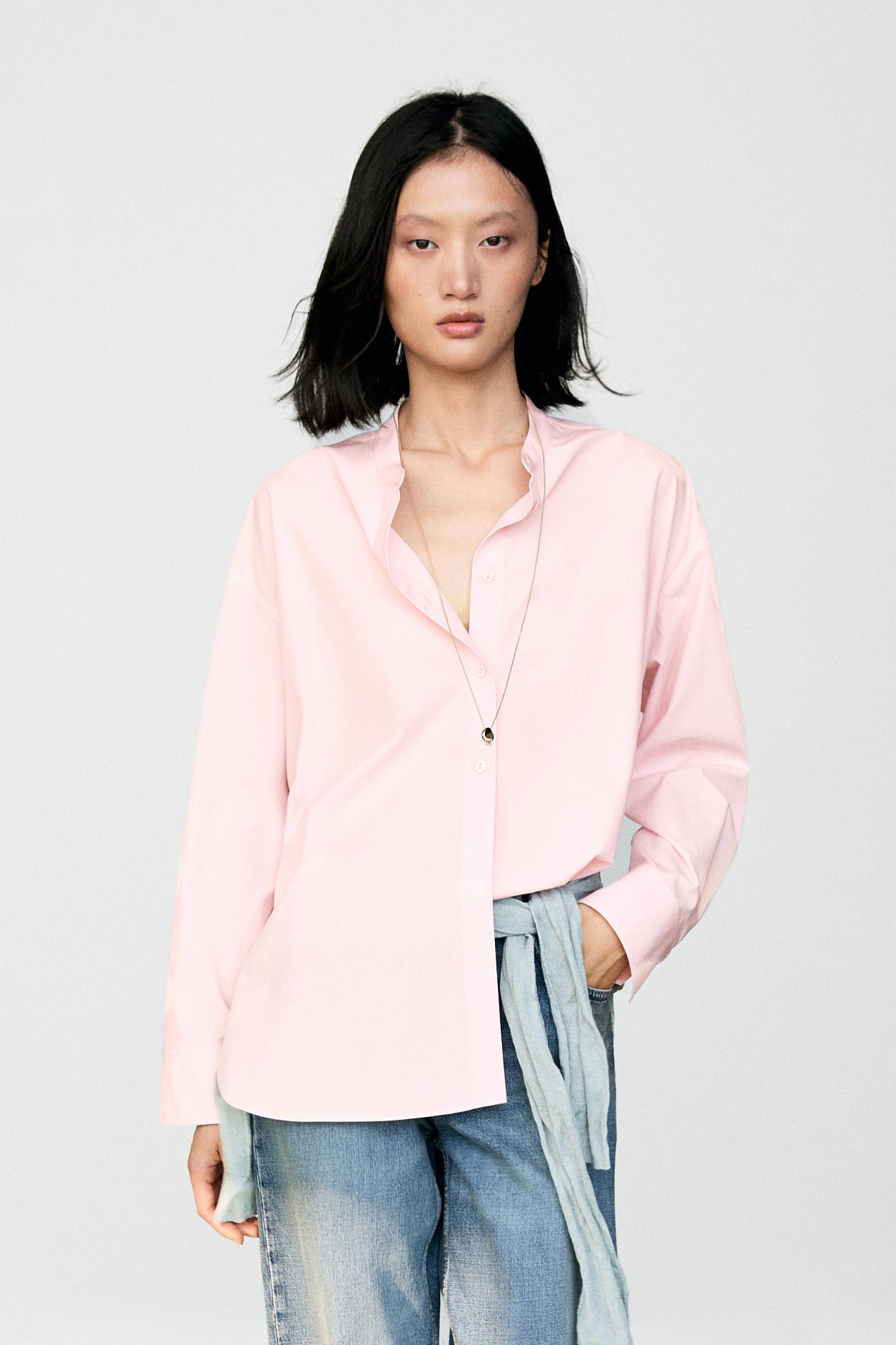 Cotton-blend stand collar shirt — CLAY