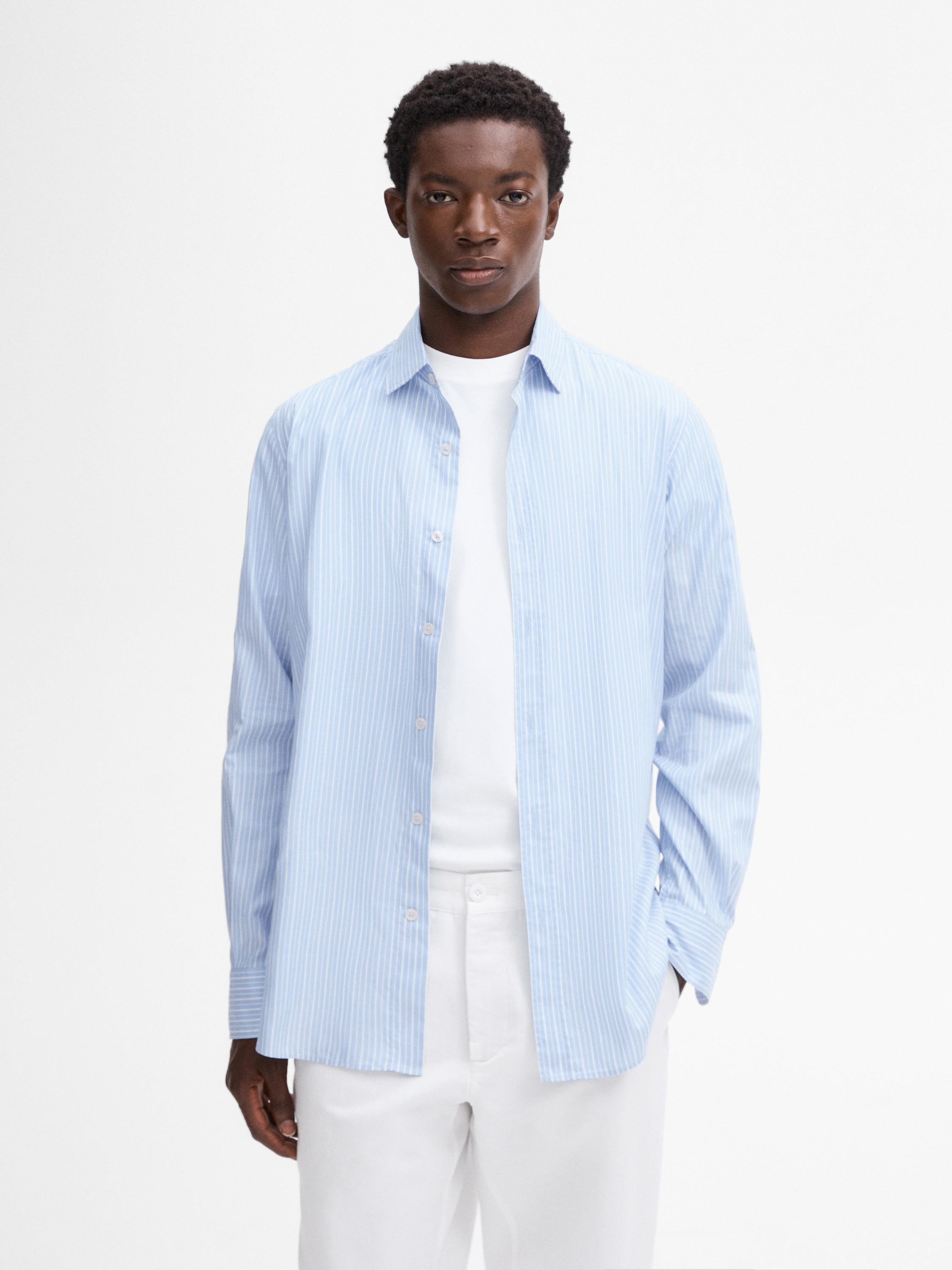 Regular Fit Striped Cotton Shirt Sky Blue M Massimo Dutti Men