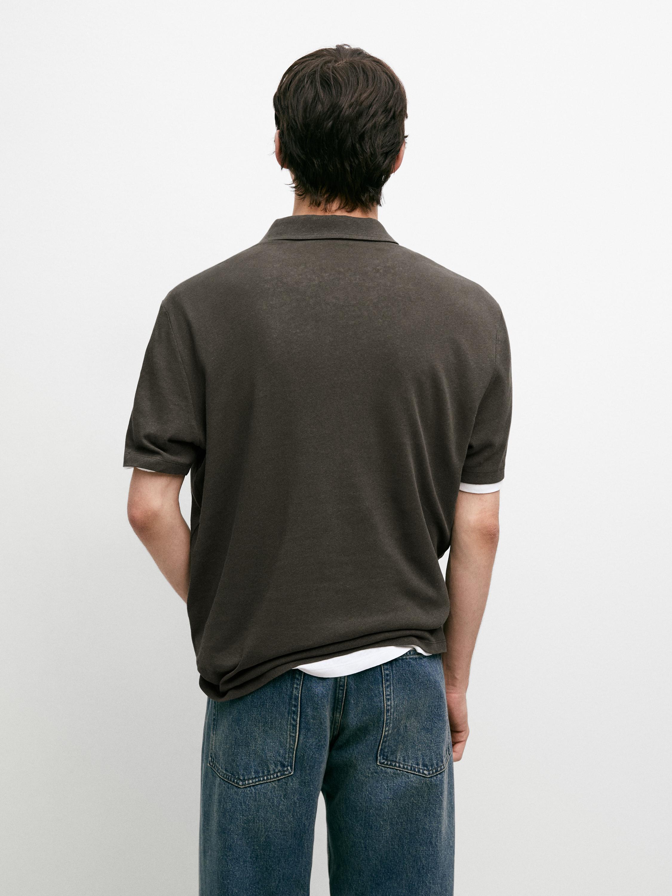 Linen and cotton short sleeve polo shirt — KHAKI