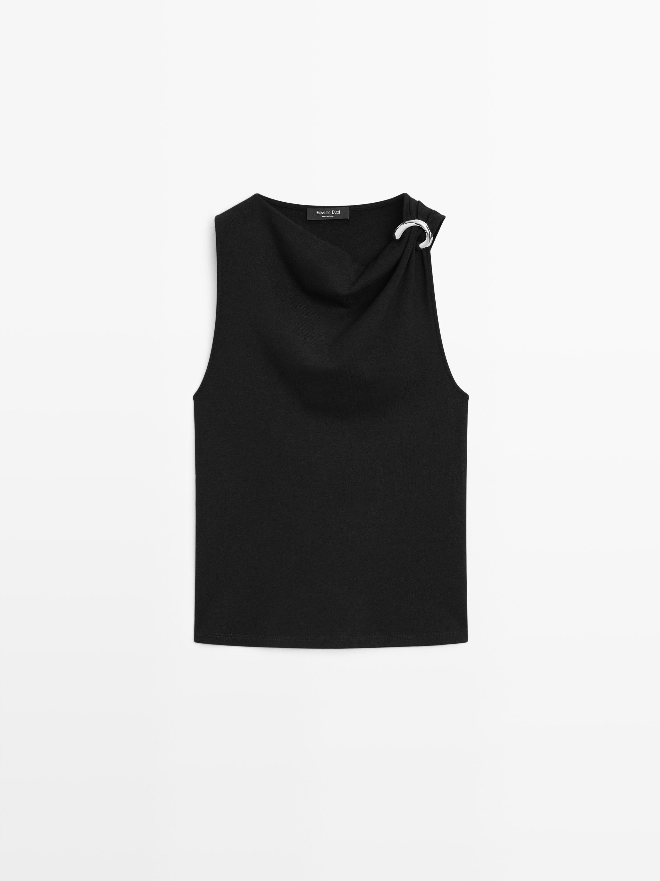 Draped neckline top with brooch detail