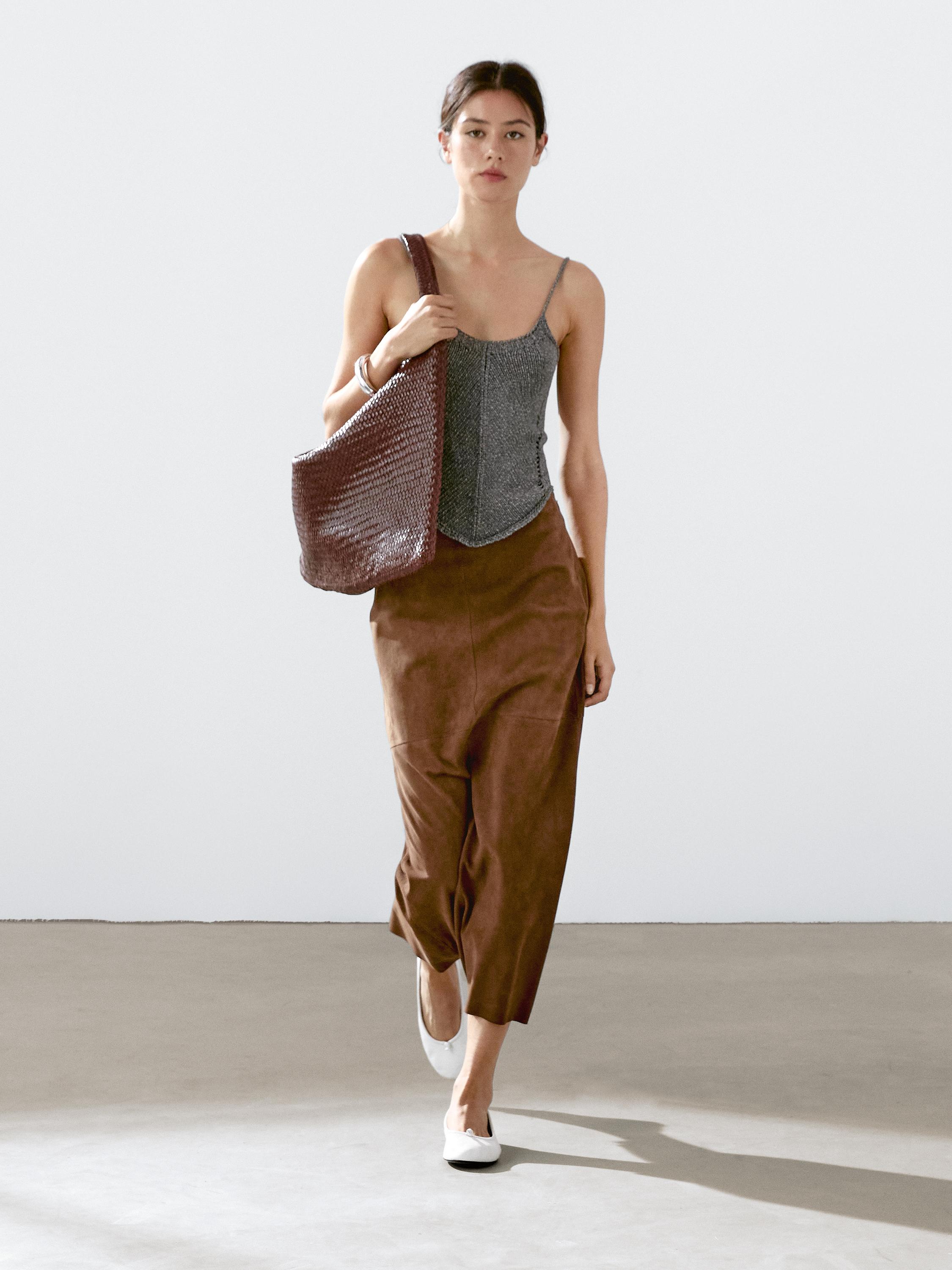 Suede leather midi skirt