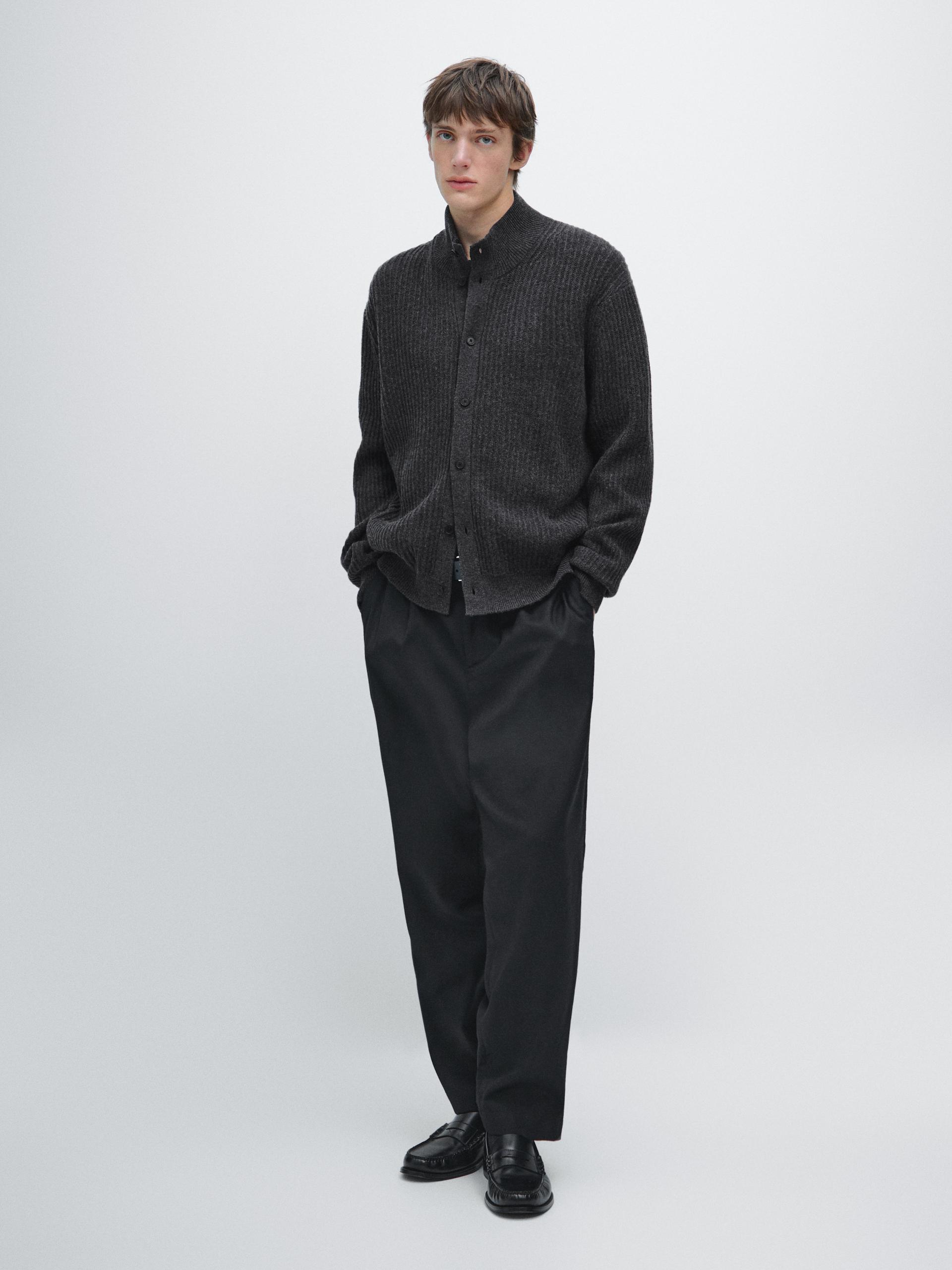 Cardigan De Malha De Gola Alta Em Mistura De Algodão - Cinza Muito Escuro - L - Massimo Dutti - Homem
