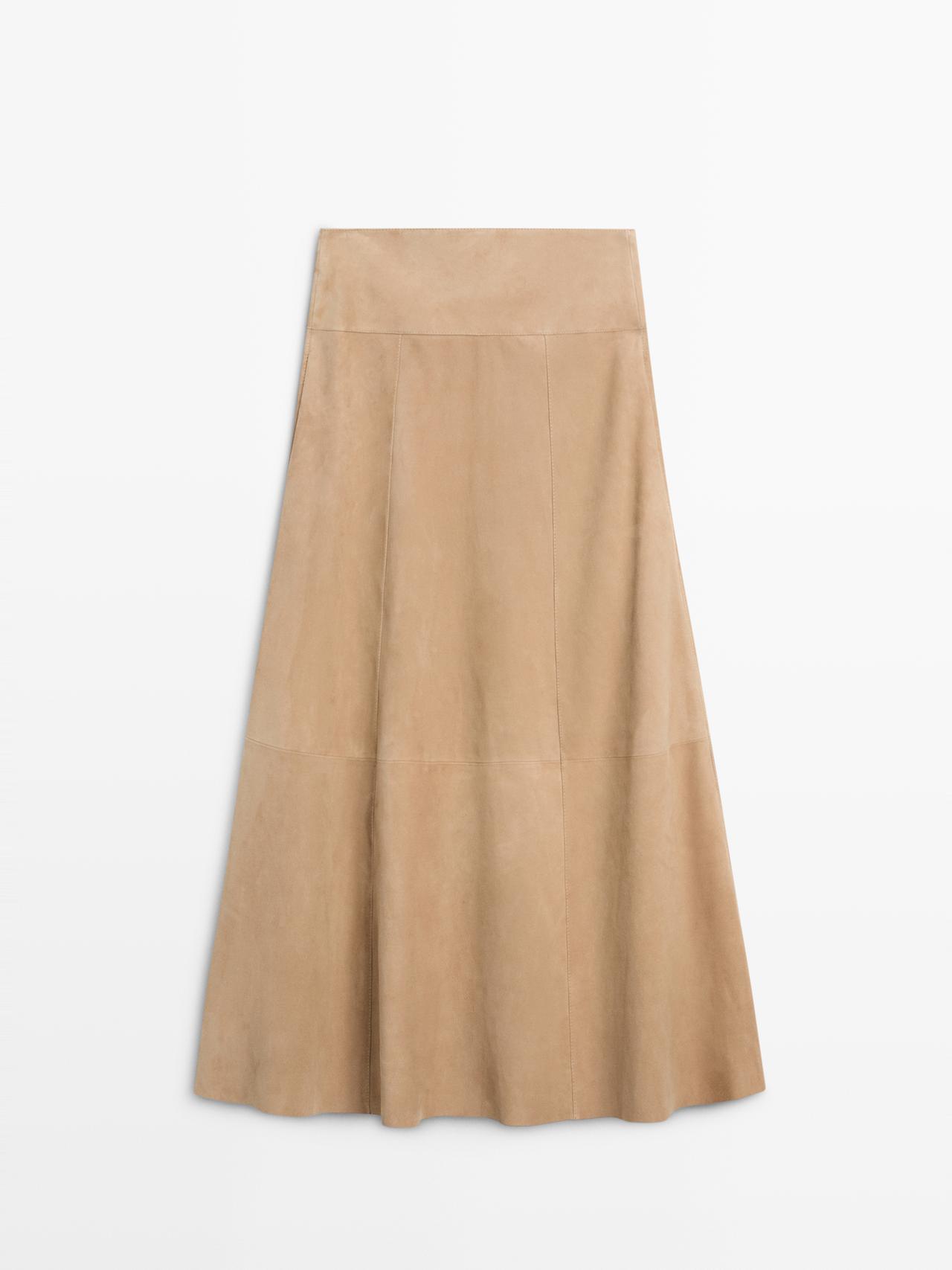 Jupe À Ceinture En Cuir Et Daim - Sable - M - Massimo Dutti - Femme