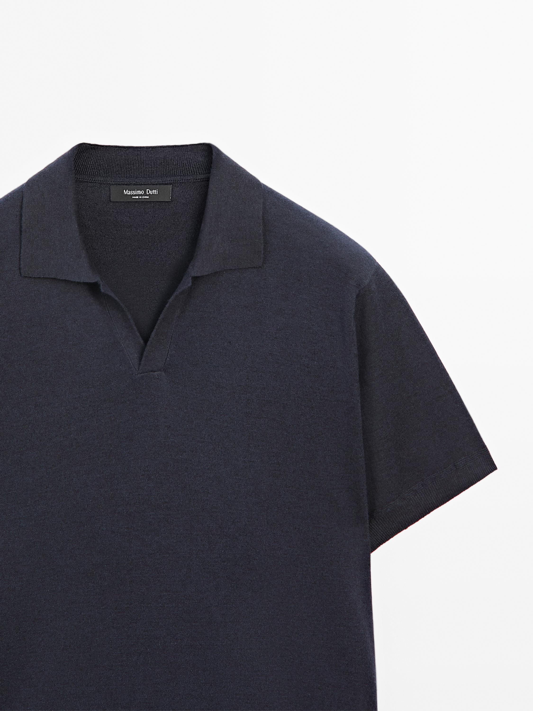 Linen blend knit V-neck polo shirt