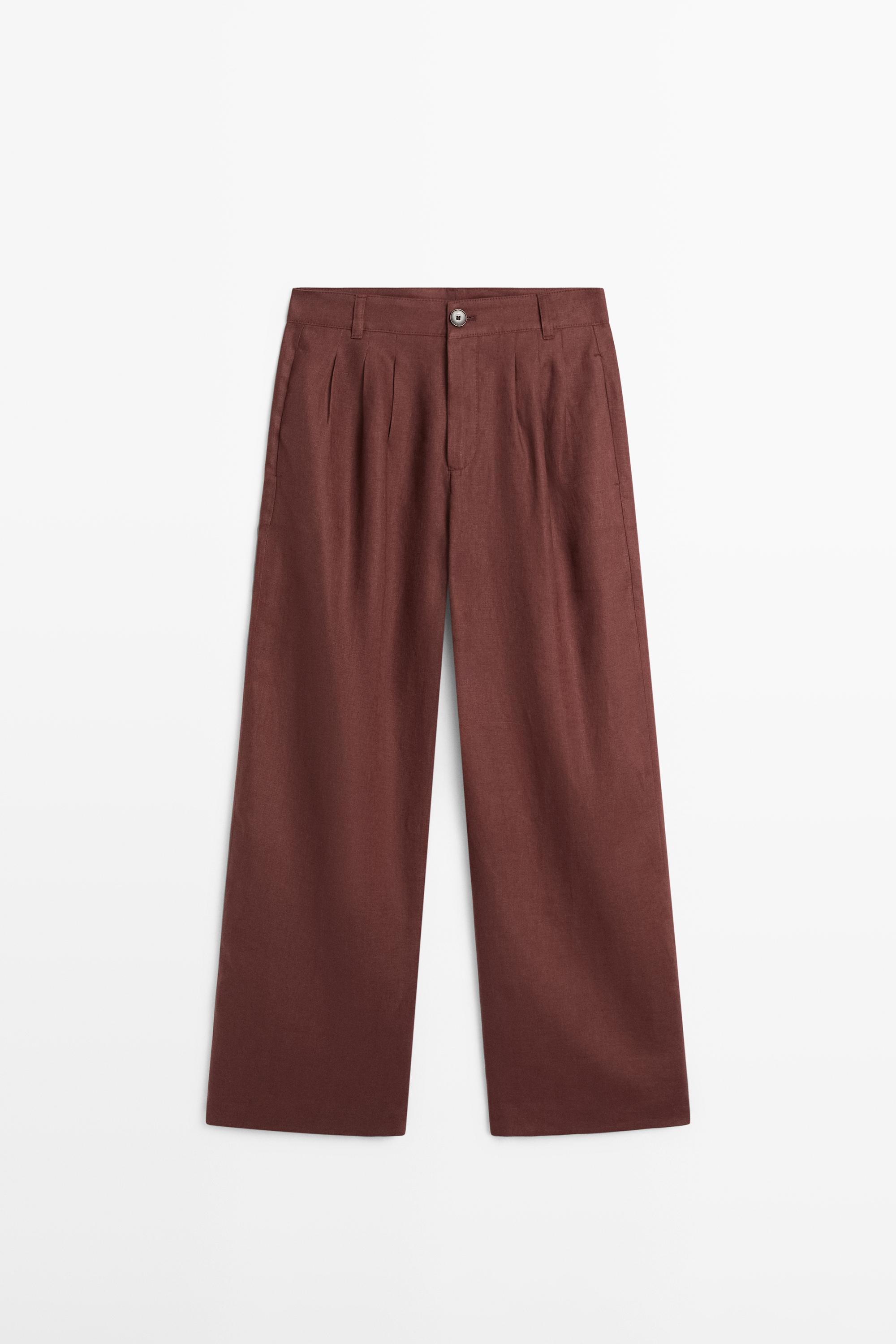 Wide-leg pleated linen trousers — TERRA COTA