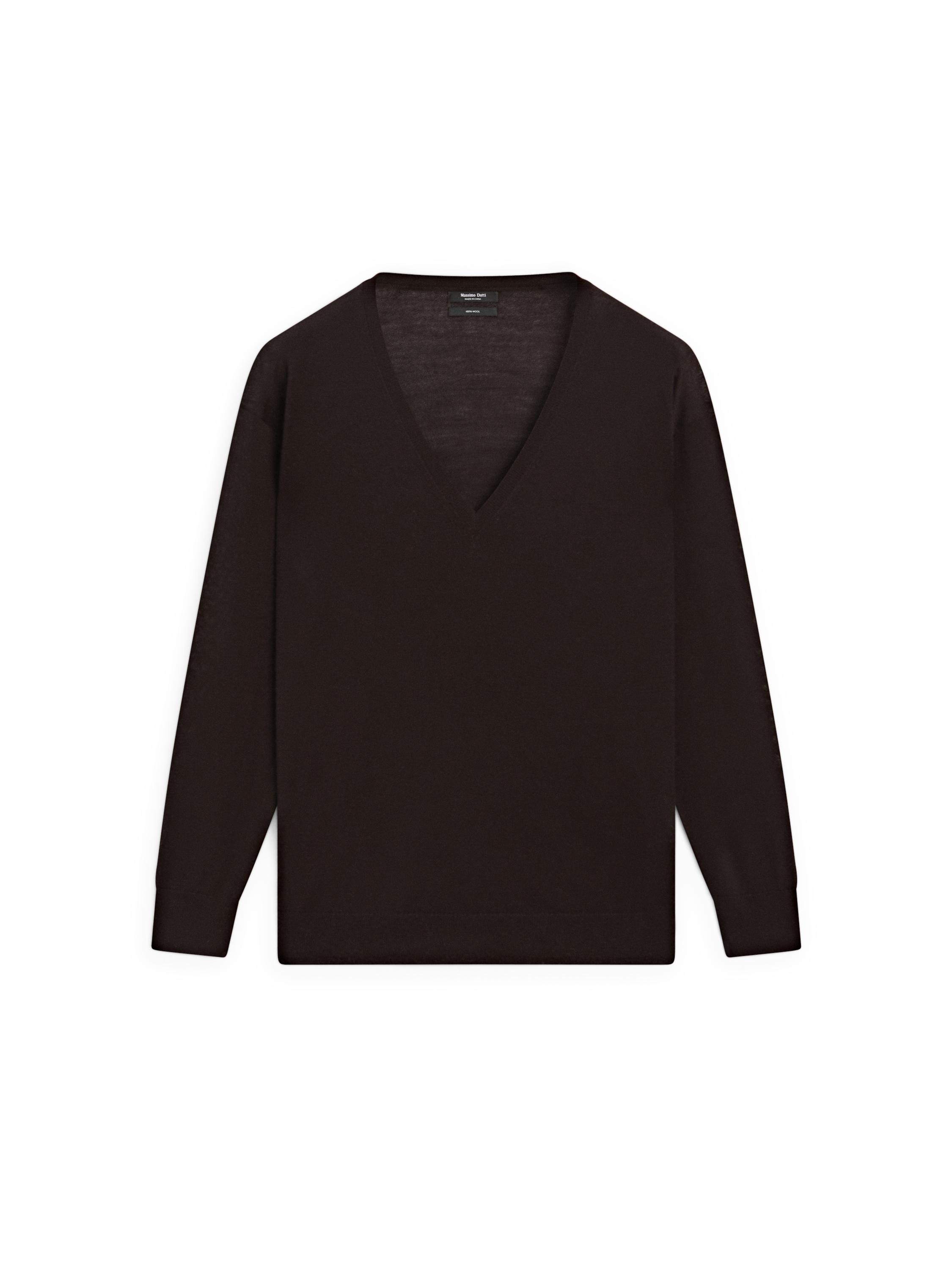 100% wool V-neck knit sweater — BROWN