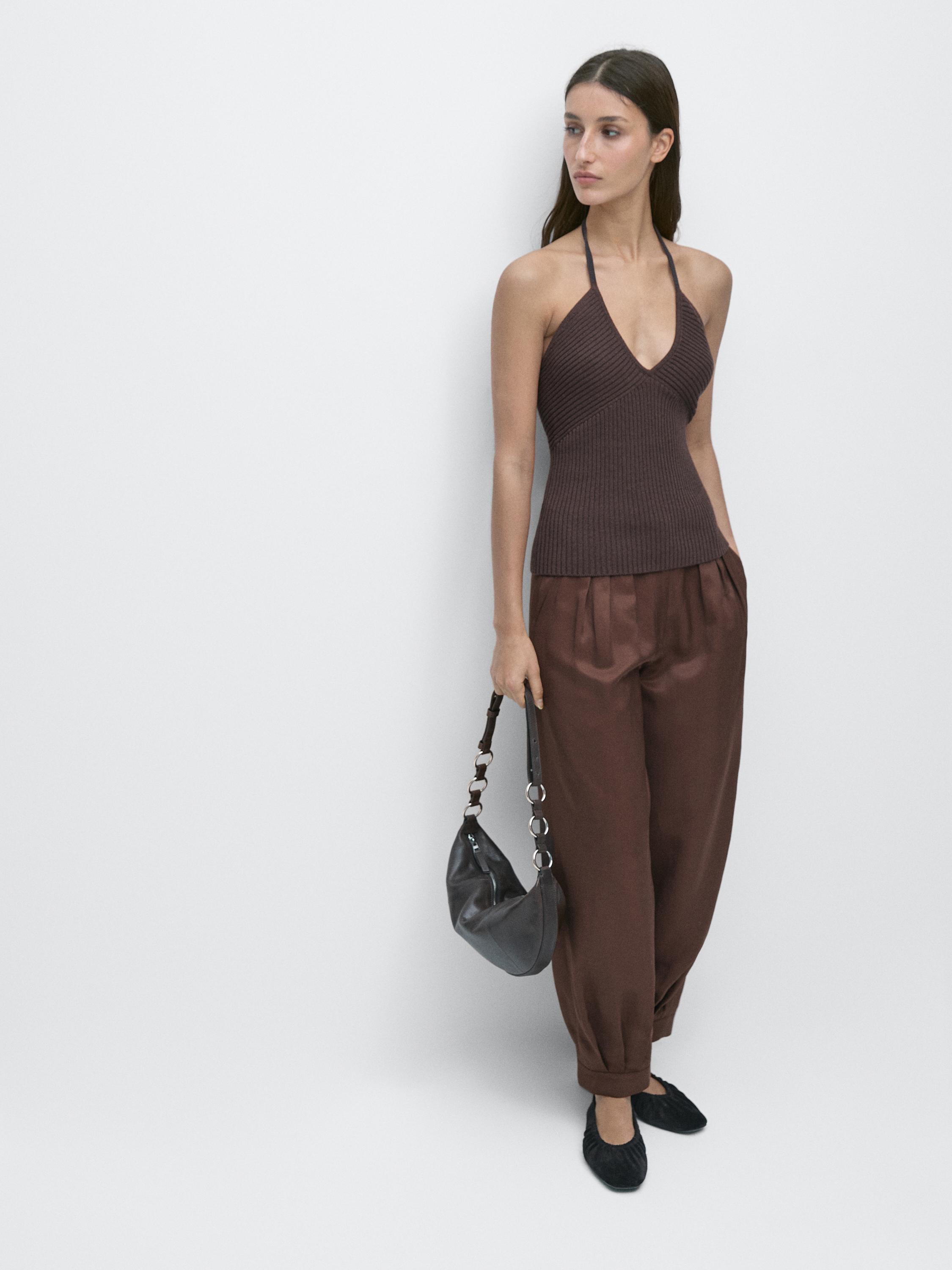 Knit top with low-cut back — AUBERGINE
