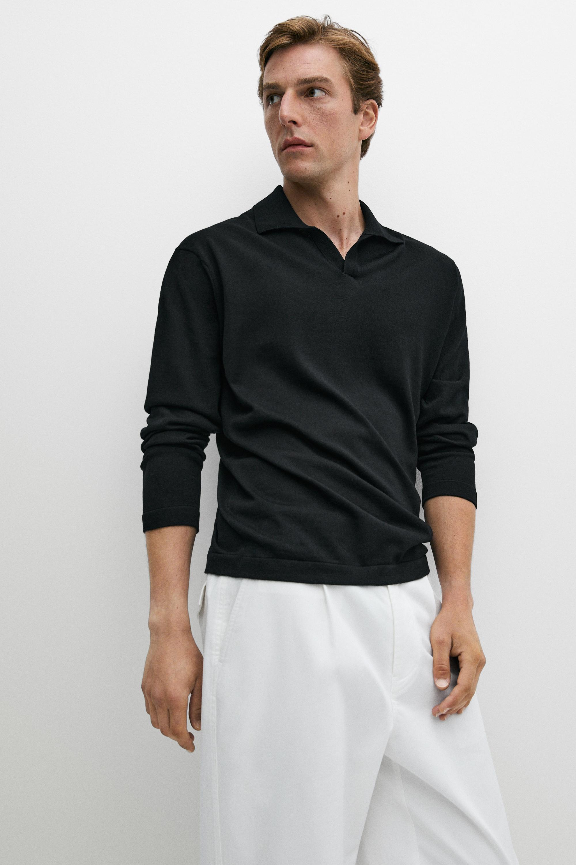 100% merino wool knit polo sweater — BLACK