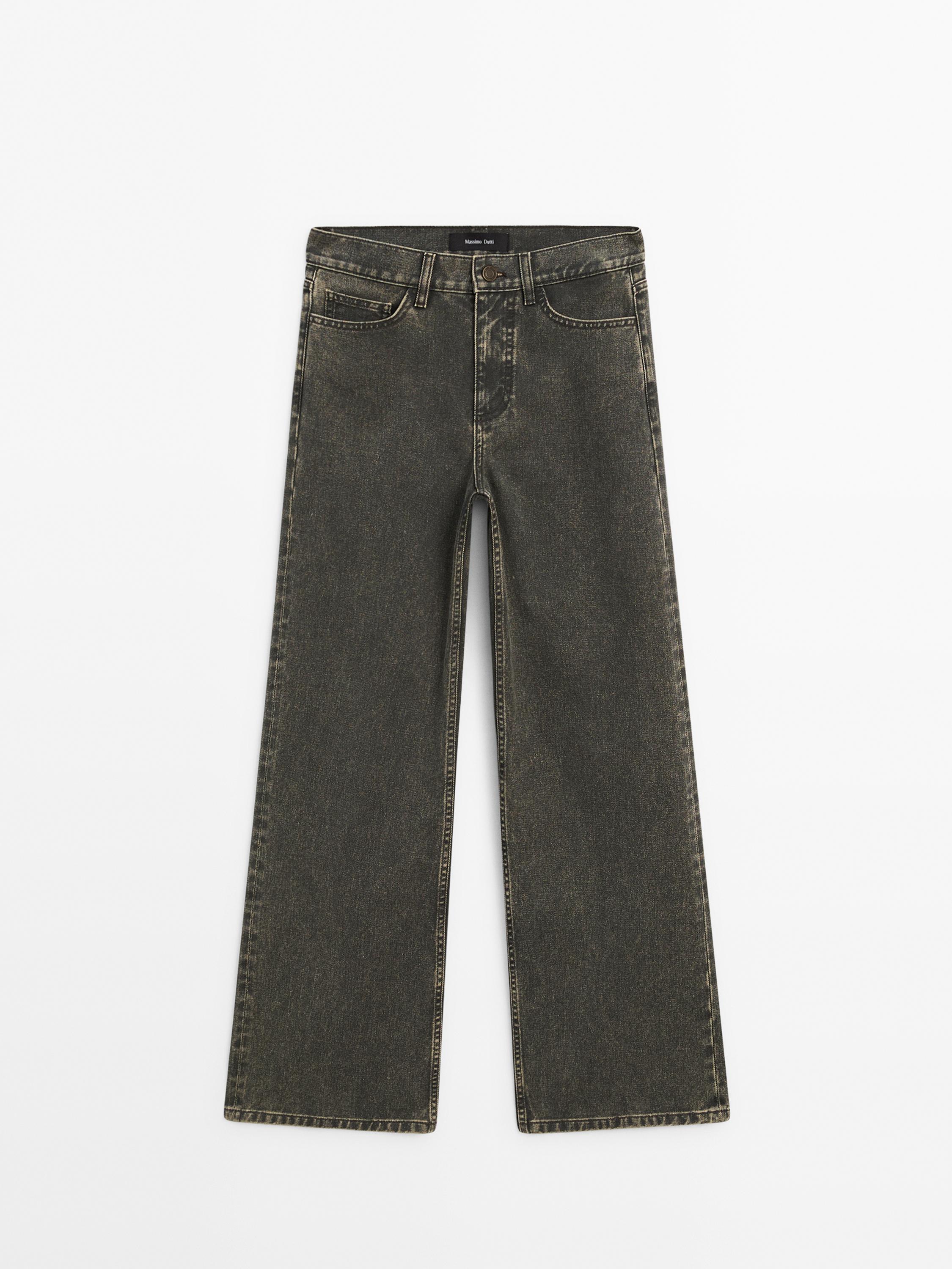 Wide-leg coated denim look cotton trousers