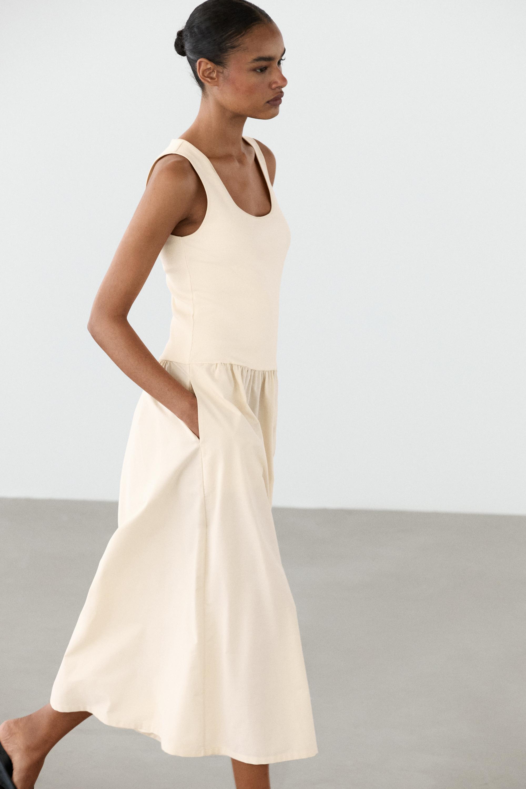 Cotton blend dress with contrast poplin — Vanilla