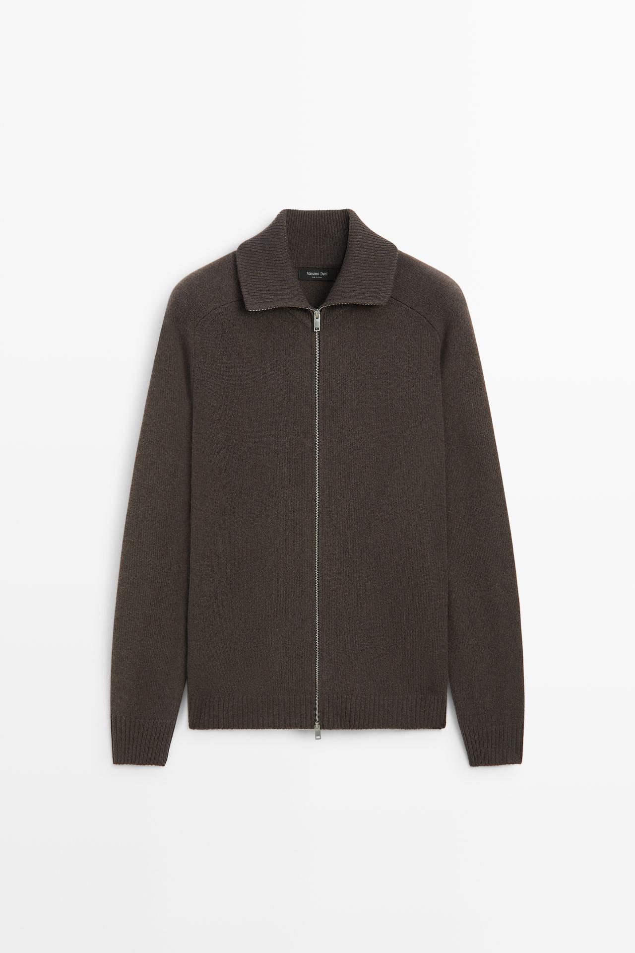 Wool blend zip-up knit cardigan — BROWN
