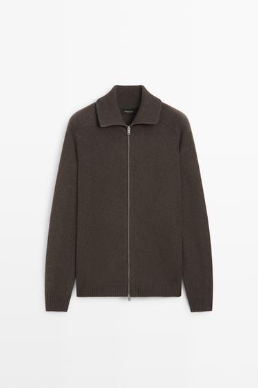 Wool blend zip-up knit cardigan — BROWN 2