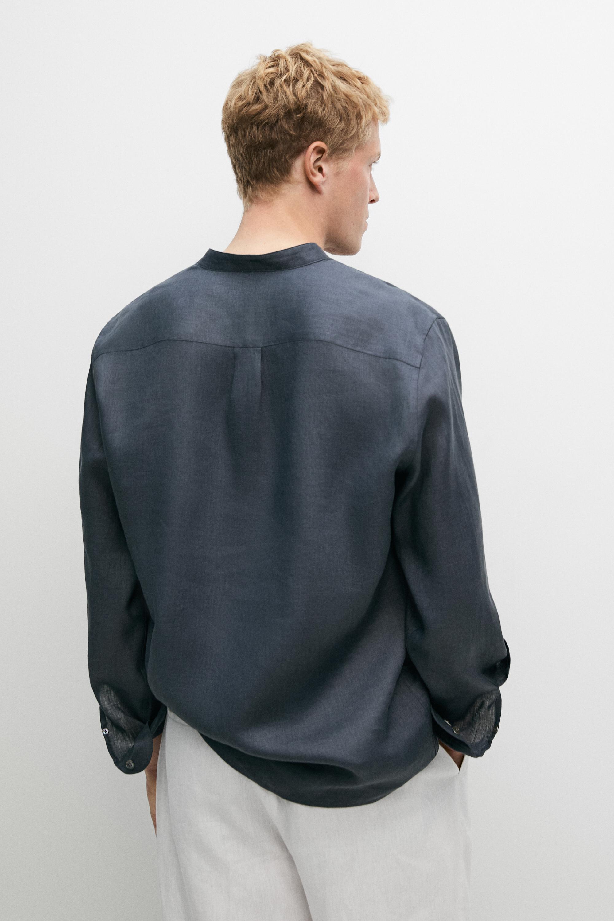 Regular fit stand collar 100% linen shirt — PETROLEUM