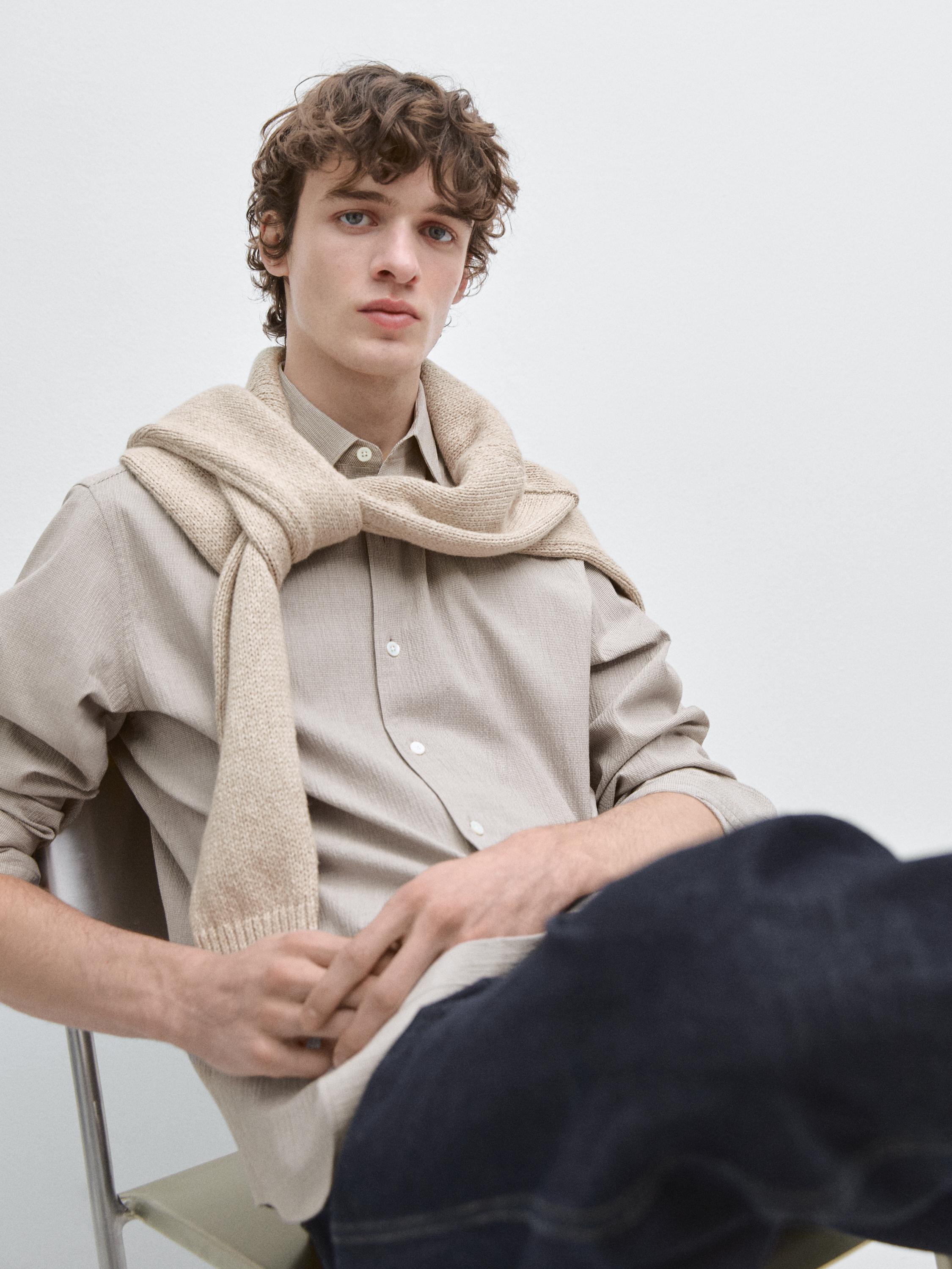 Houndstooth cotton blend shirt — BEIGE