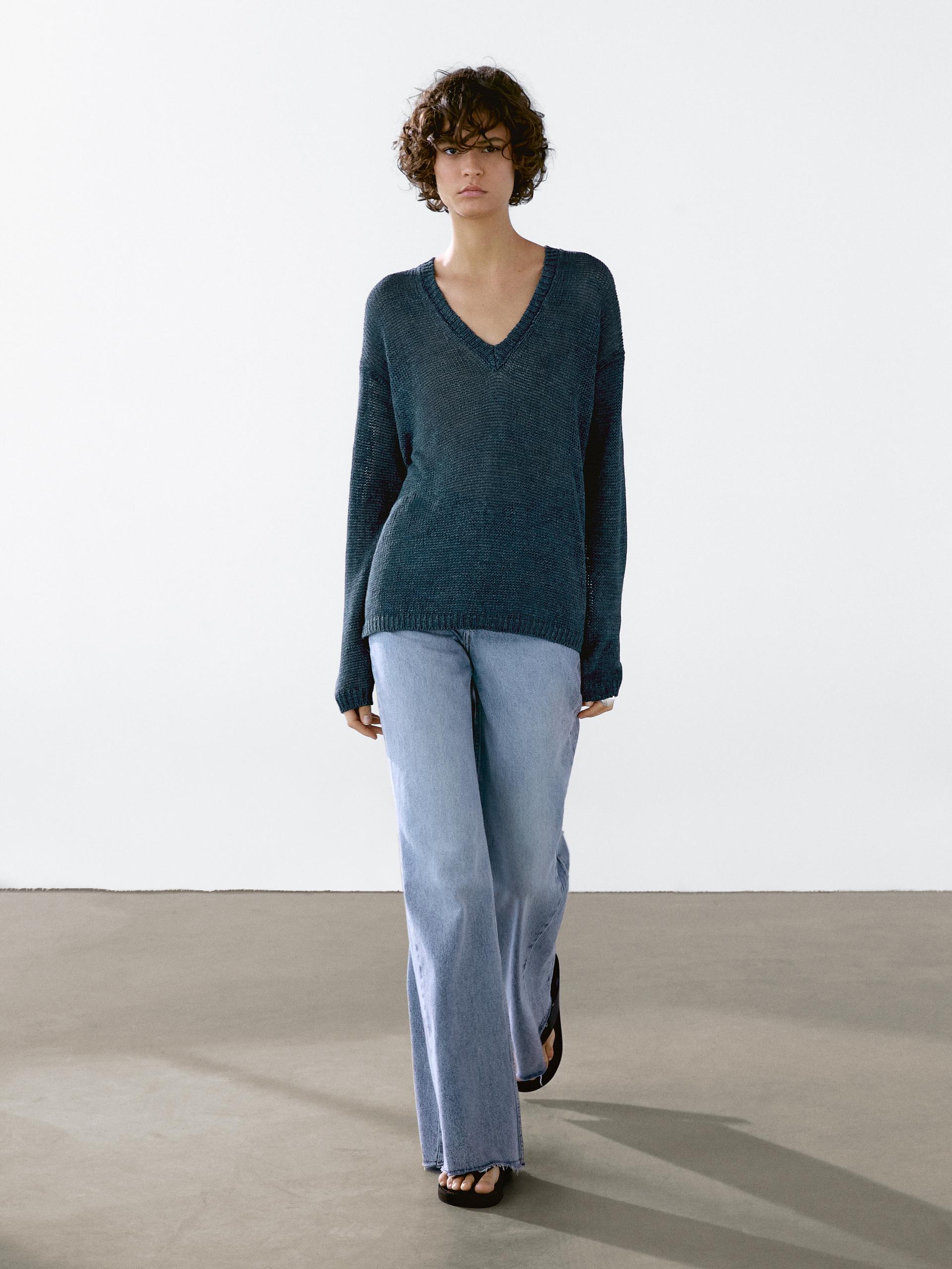 Ażurowy Sweter Ze 100% Lnu - Niebieskie - Xs - Massimo Dutti - Kobieta